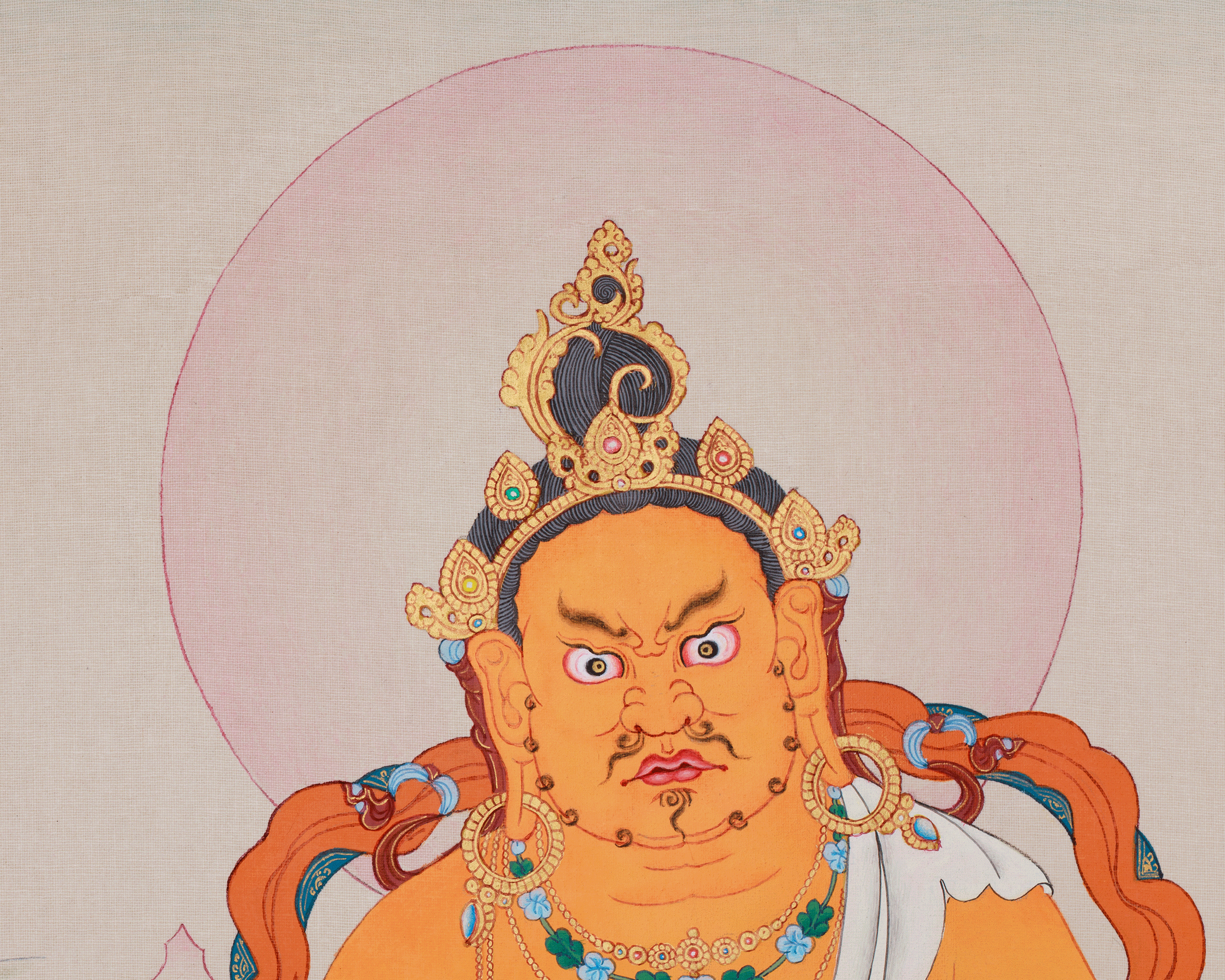 Handmade Dzambhala Thangka | Wealth Deity with Jewel Mongoose and Citron Fruit