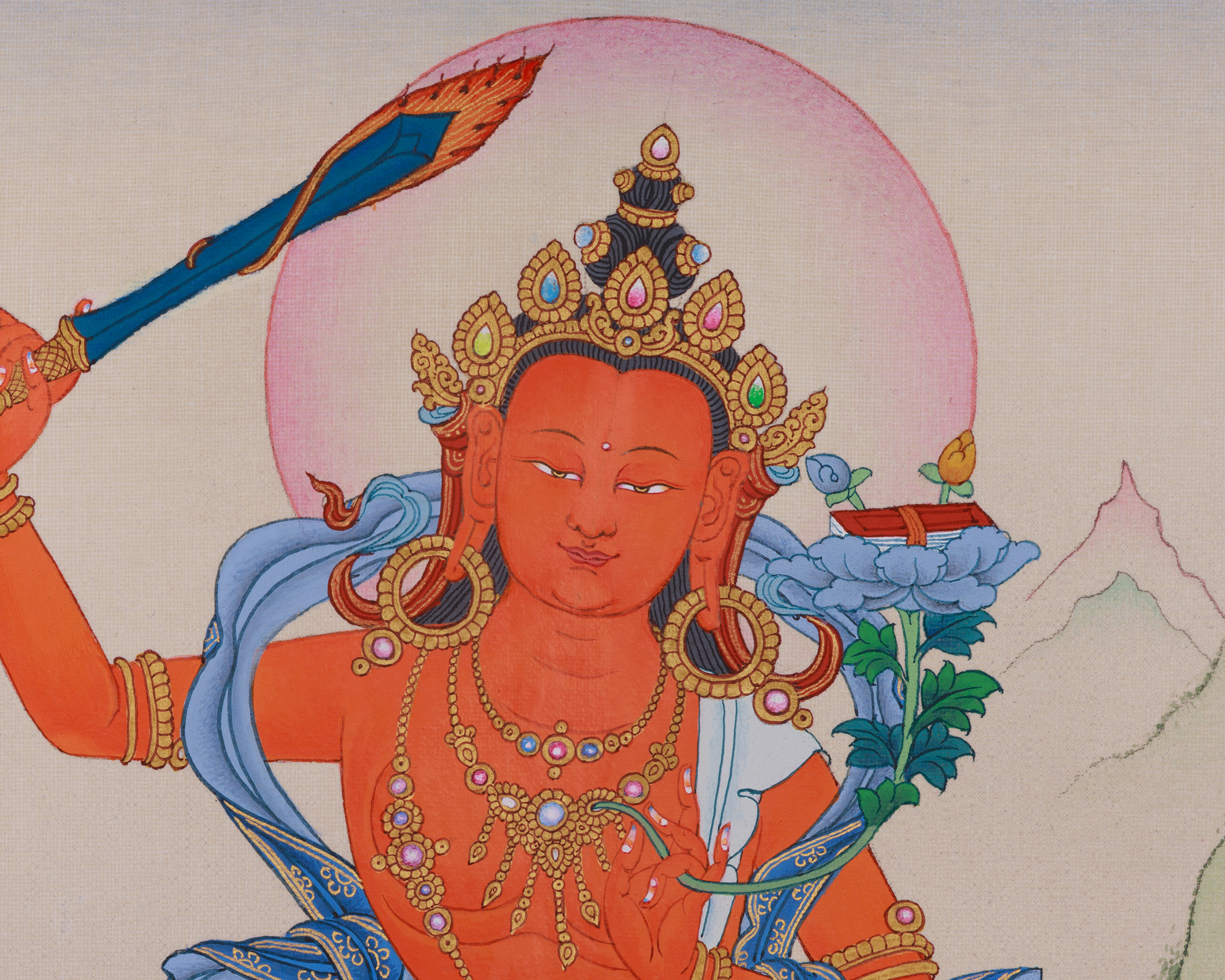 Handpainted Thangka of Manjushri | Embodiment of Wisdom