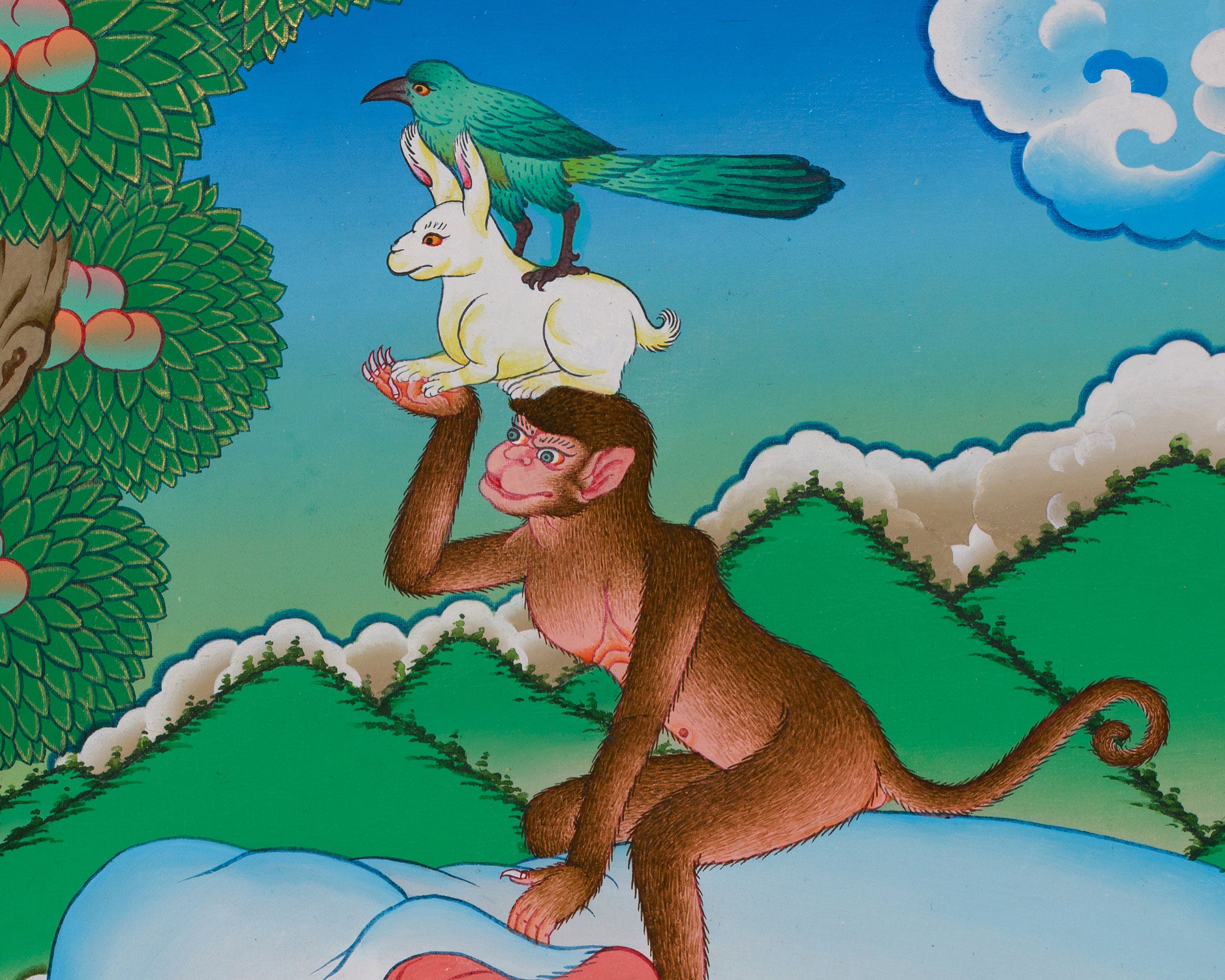 Thangka of Four Harmonious Friends | Depicting Unity, Cooperation, and Mutual Respect
