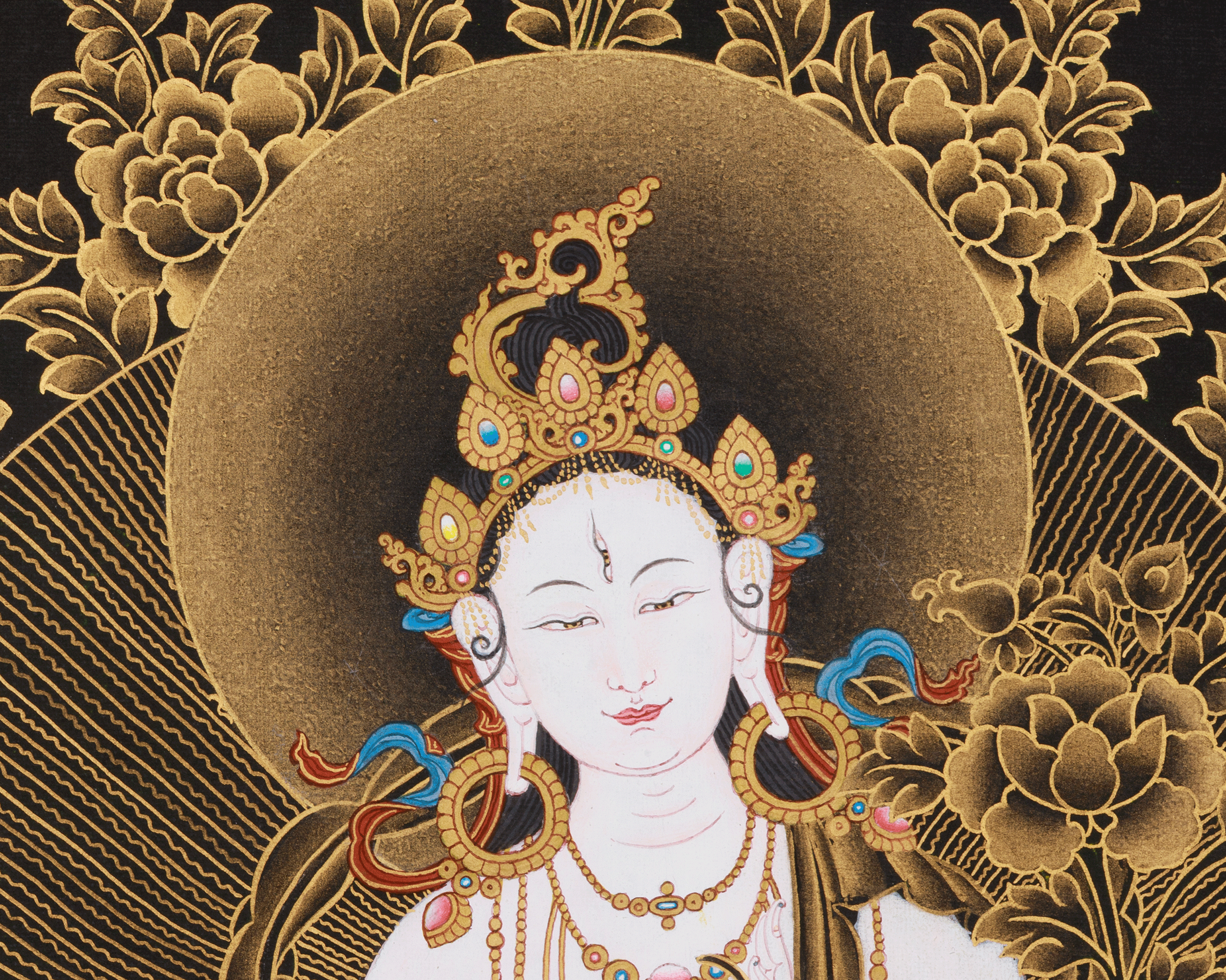 Tibetan White Tara Goddess | Thangka Art of Compassion and Grace