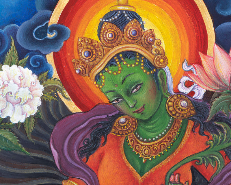 Green Tara The Female Buddha Digital Pauba Print | Mother Tara, The Deity Of Compassion Art For Room Decoration