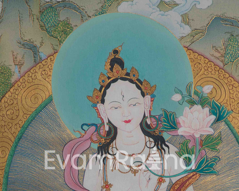 White Tara Thangka | Traditional Tibetan Painting In Menri Style | Long Life Mother Drolma