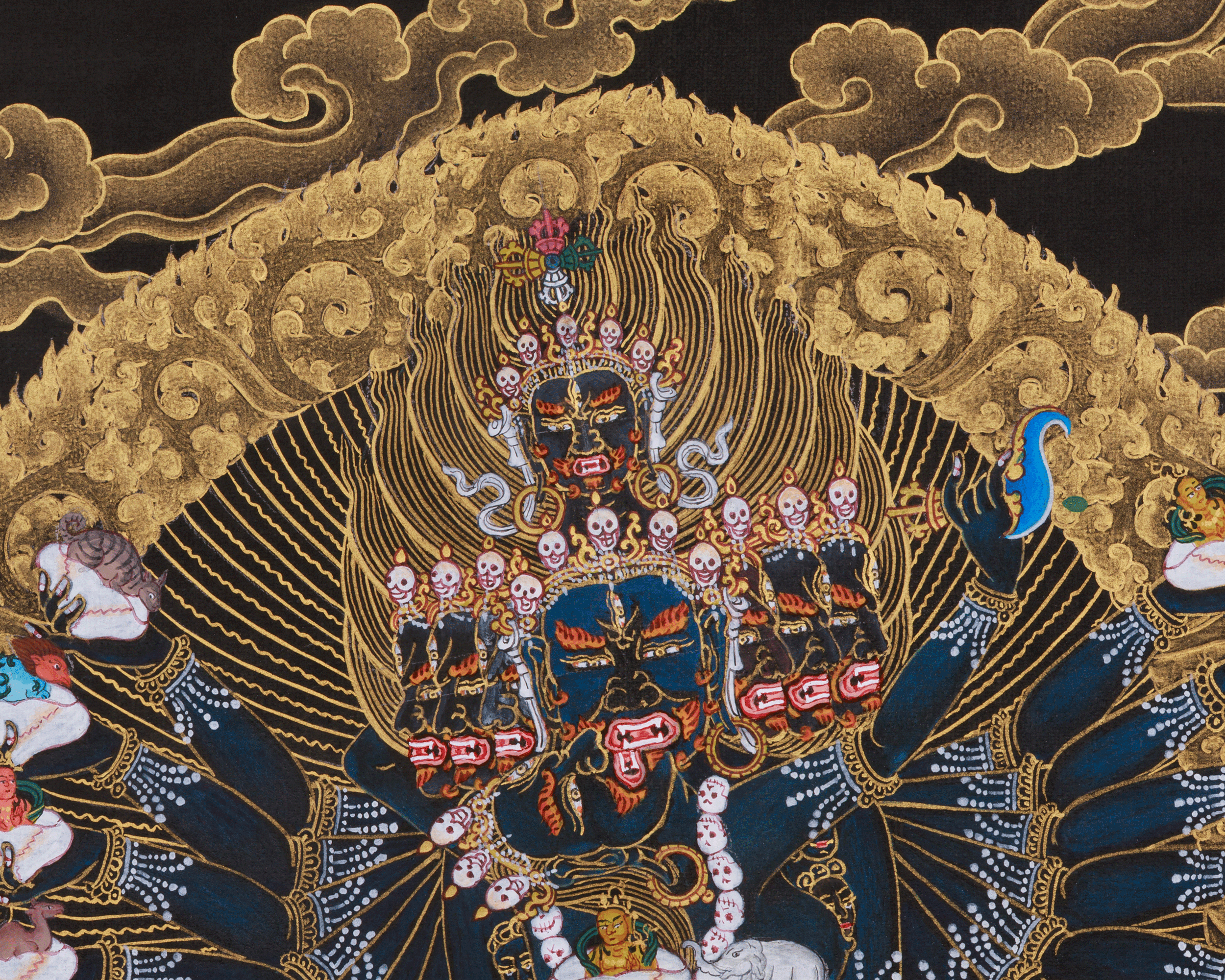 Gold on Black Hevajra Thangka | Fierce Meditational Deity | Vajrayana Buddhism