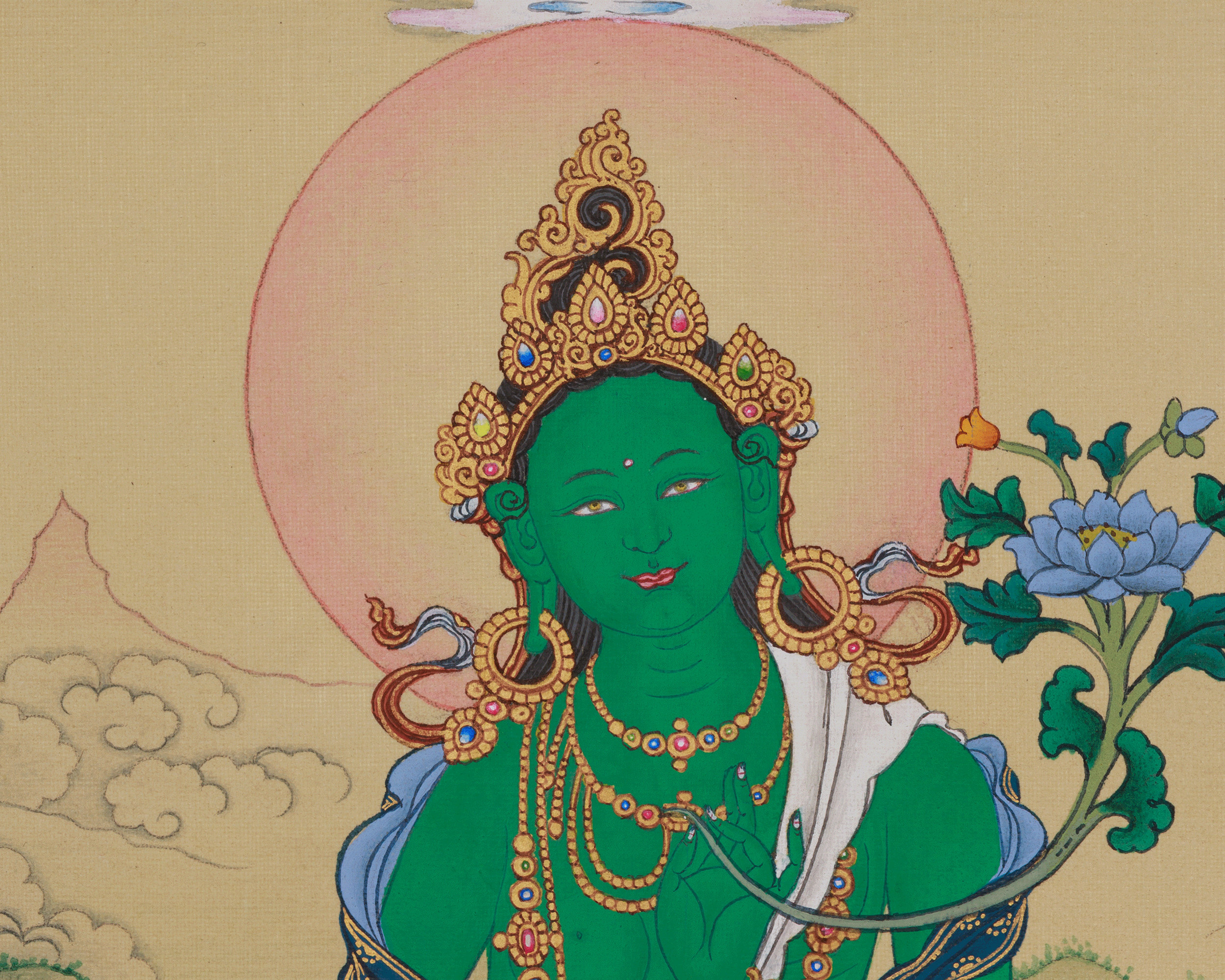 Green Tara with Amitabha Buddha Art | Swift Action Deity | Buddha of Infinite Light