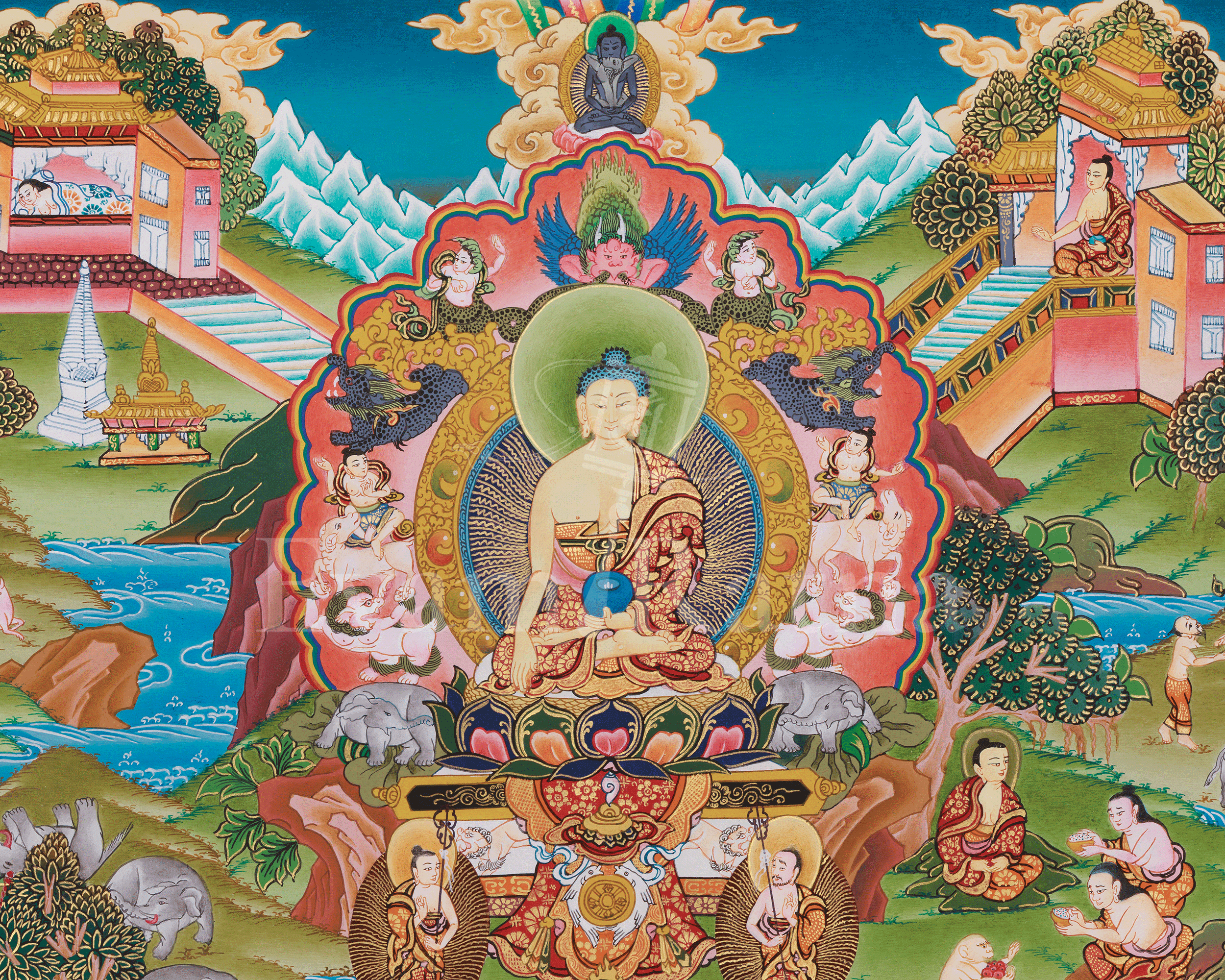 Horizontal Buddha Life Story Thangka | A Sacred Thangka of Awakening