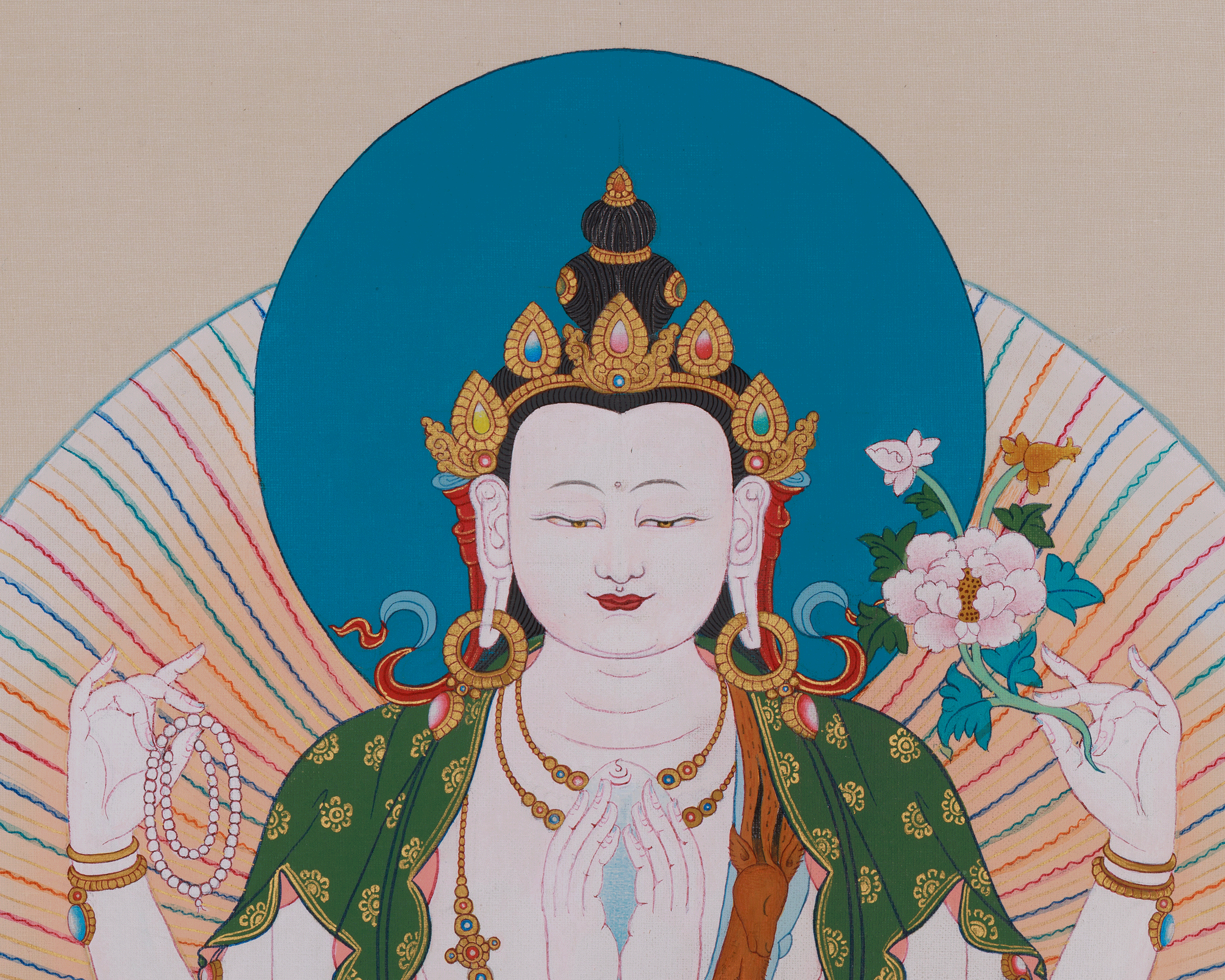 Buddhist Four-Armed Chenrezig Thangka | Symbolizing Compassion, Mercy, and Protection