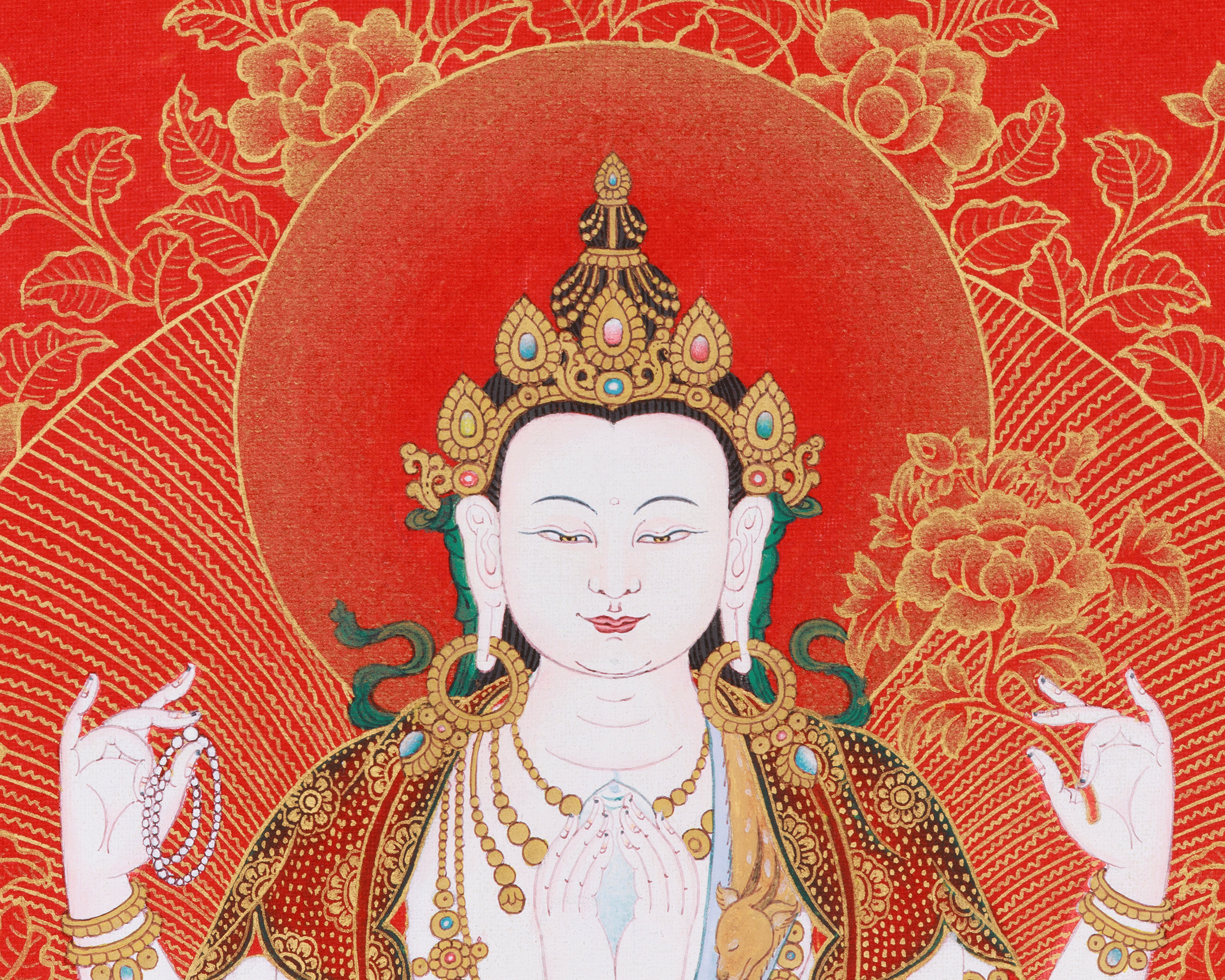 4 Arms Chenrezig Thangka | Nakthang Style with 24K Gold on Red Canvas