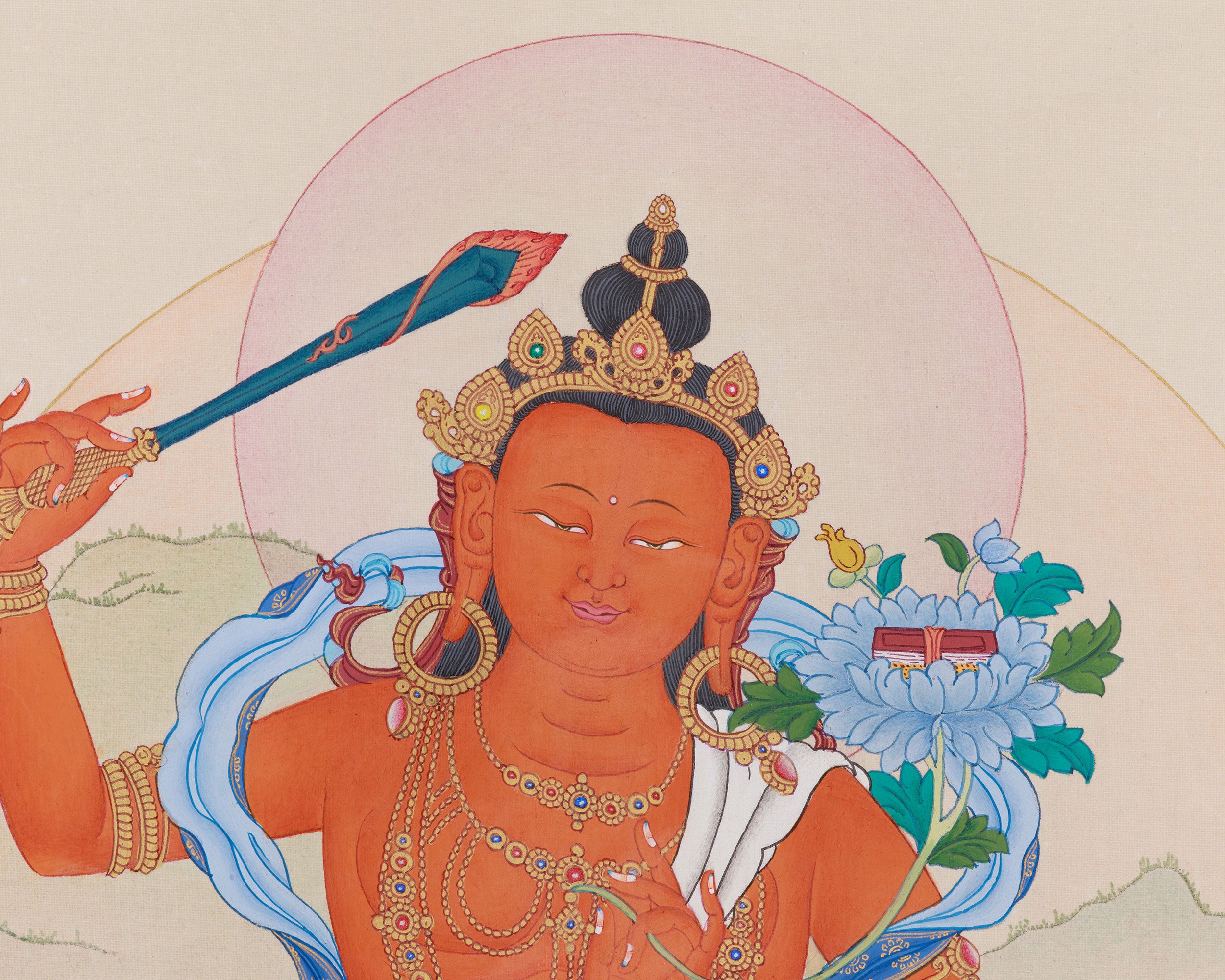Tibetan Thangka of Flaming Sword Holder Manjushri | Divine Wisdom in Art