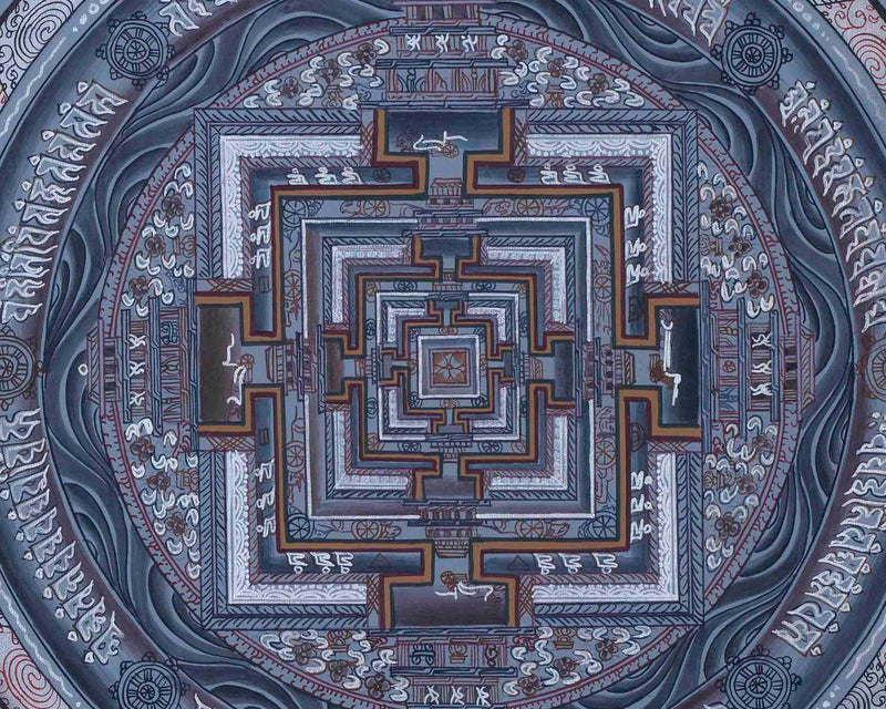 Grey Colored Kalachakra Mandala Thangka With Silver