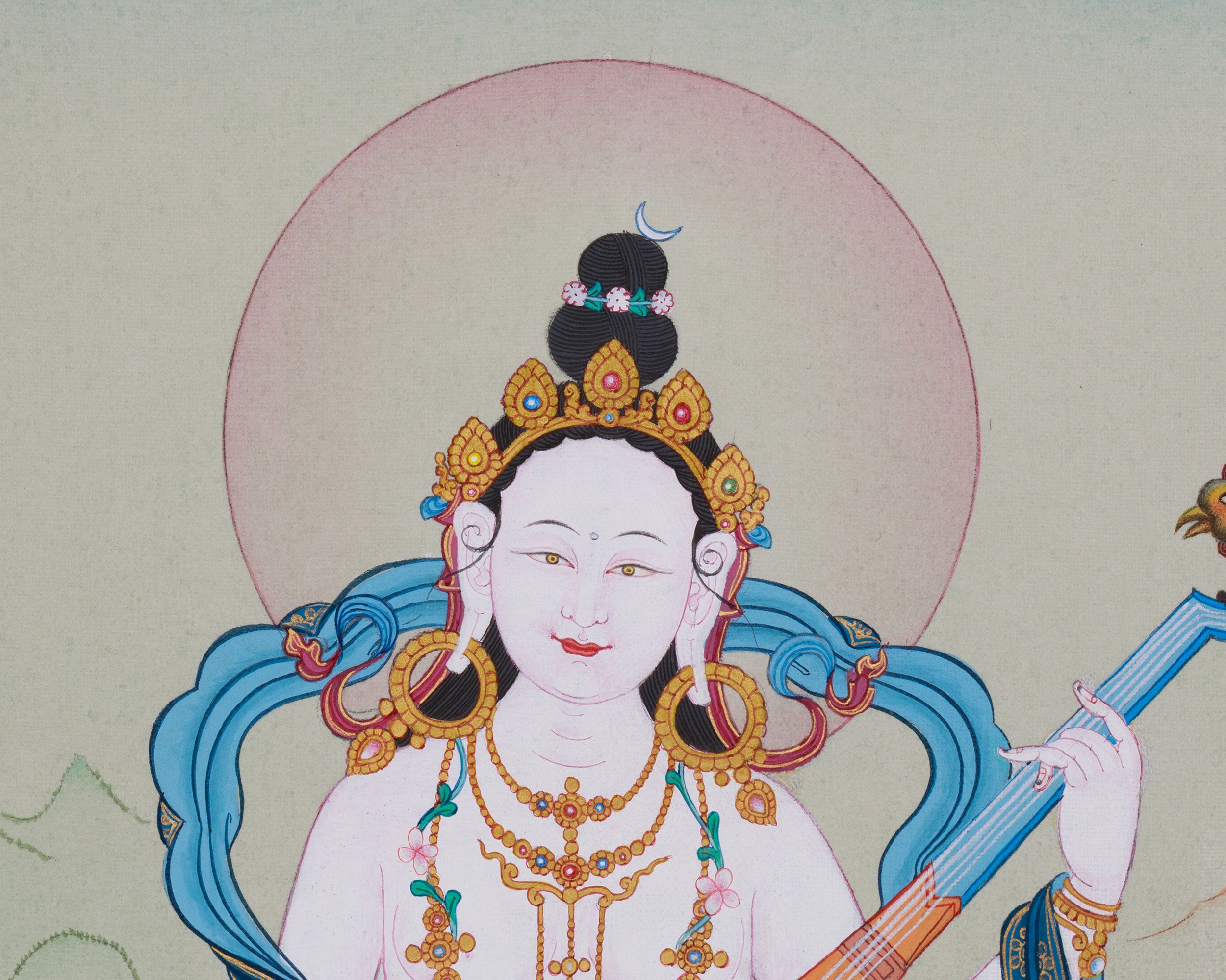 13-Inch Saraswati Thangka | Hand-Painted Goddess of Wisdom and Arts