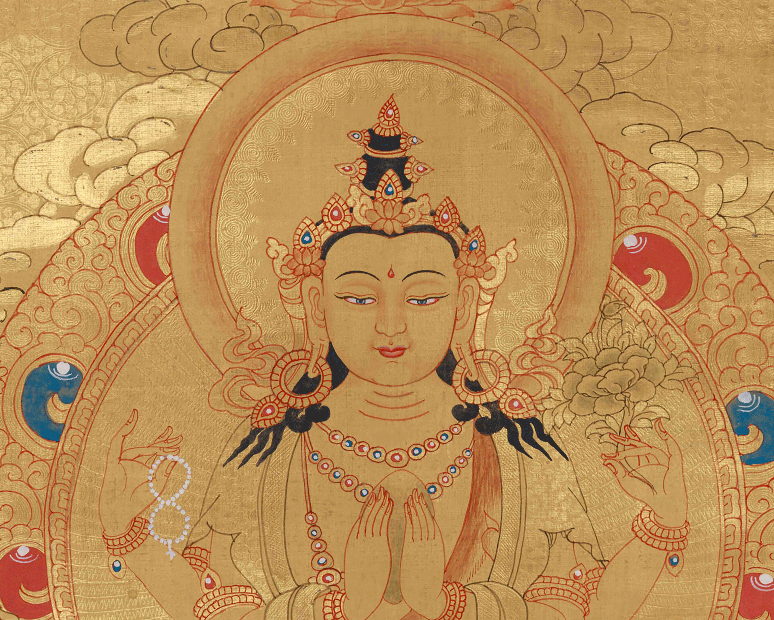 Traditional Thangka Of Four-Armed Chenrezig | With Buddha and Other Bodhisattvas
