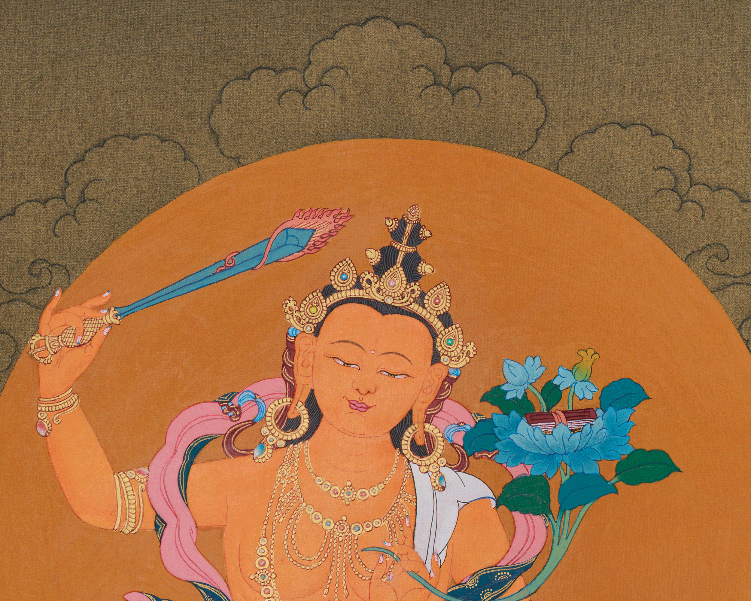 Tibetan Buddhist Manjushri with Chenrezig and Vajrapani | Thangka of Three Bodhisattvas