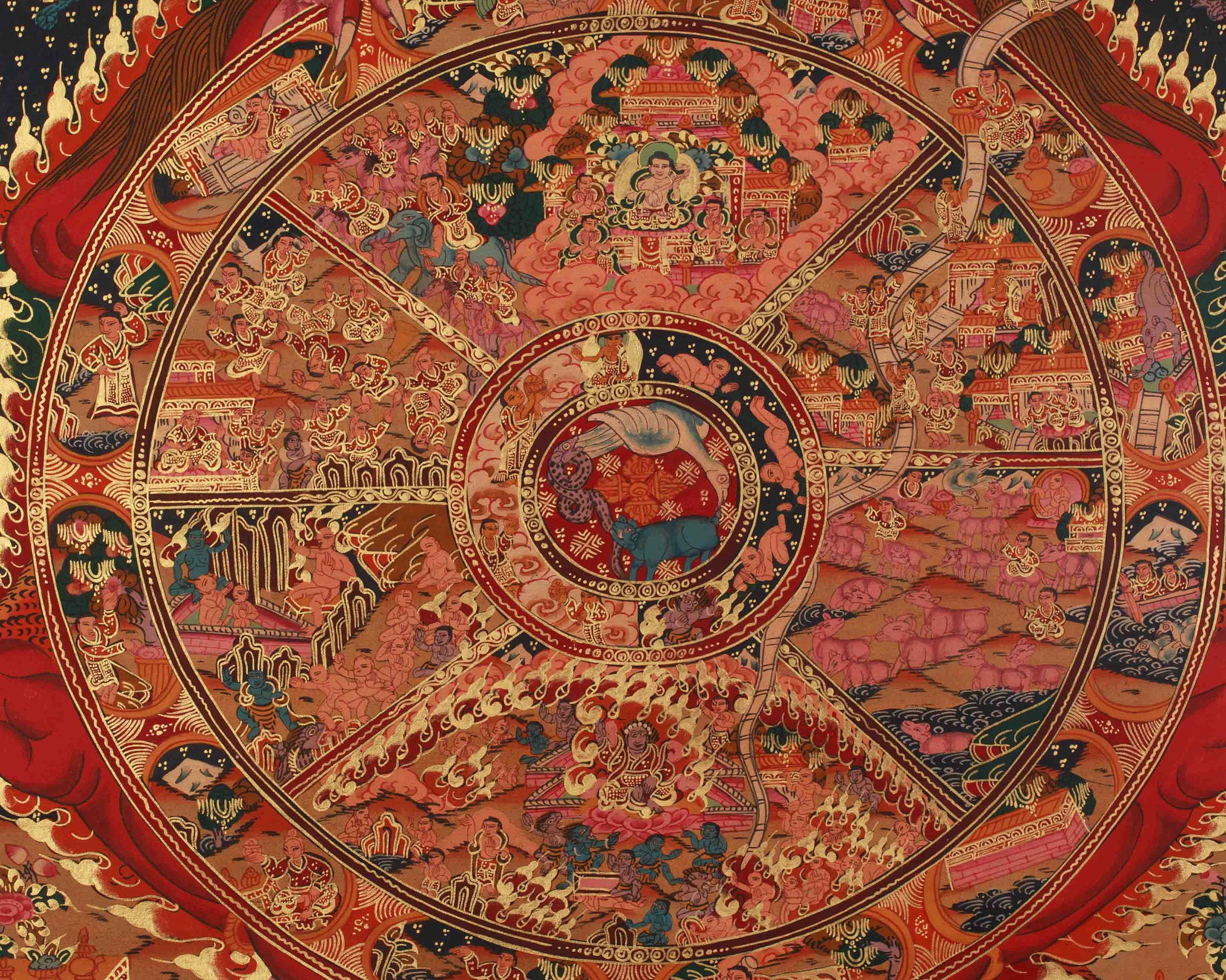 Traditional Bhavachakra Mandala Art | Hand-Painted Wheel of Life Thangka