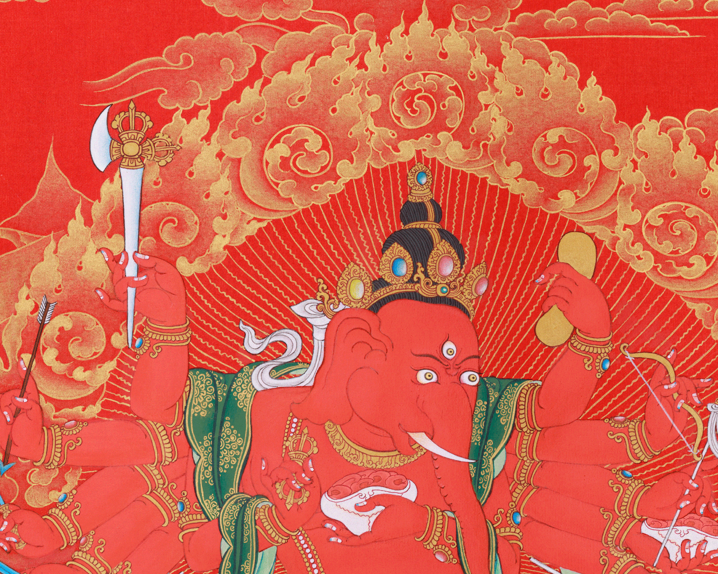 Lord Ganesha Thangka | The Remover of Obstacles | Nakthang (Gold on Red) Style
