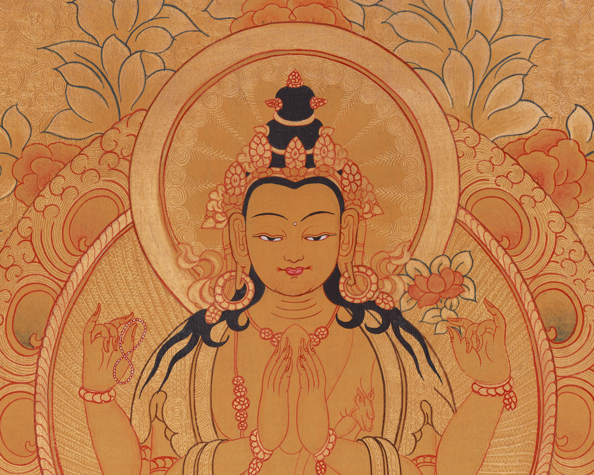 Four-Armed Chenrezig Compassion Thangka | Avalokiteshvara, Manjushri & Vajrpani Art | Meditation Altar