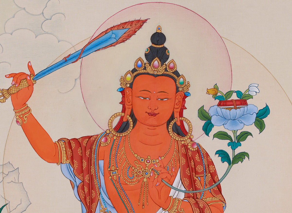 Beautifully Handmade Bodhisattva Manjushri Thangka | Buddha of Knowledge and Wisdom