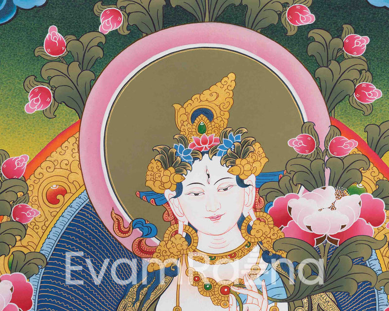 White Tara Bodhisattva | Tibetan Goddess of Longevity Thangka | Wall Art for Spiritual Balance