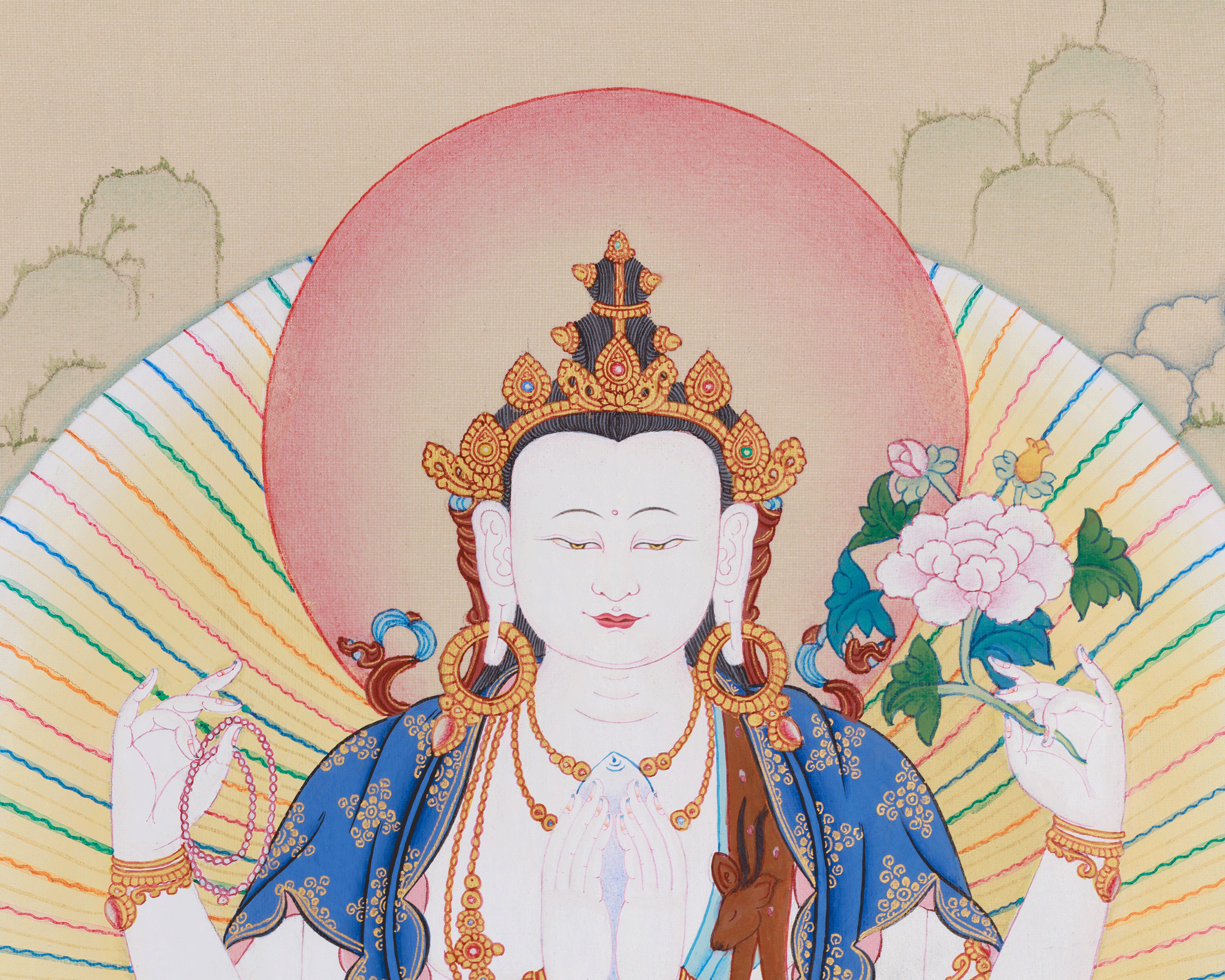 Thangka of Four-Armed Chenrezig, Compassion Buddha | With Manjushri and Vajrapani
