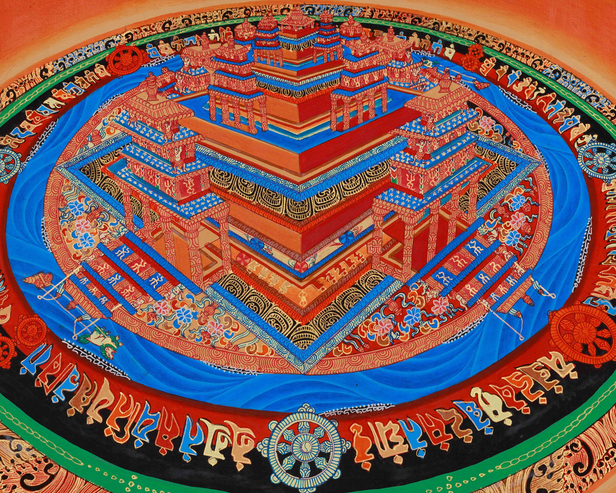 Three-Dimensional Kalachakra Mandala | Hand-Painted Wheel of Time Thangka