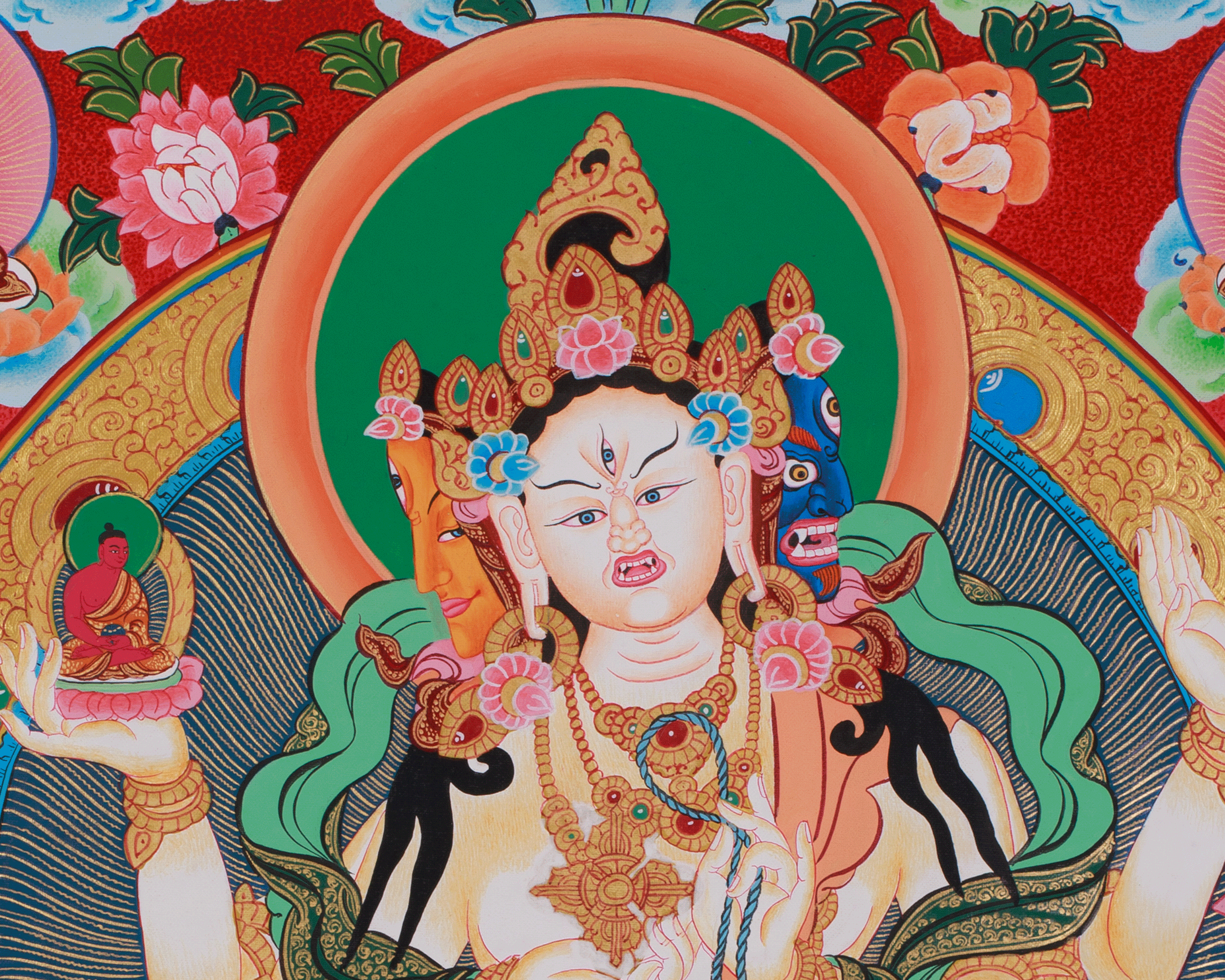 Namgyalma with Five Dhyani Buddhas White Tara and Amitayus | A Sacred Thangka of Longevity and Purification