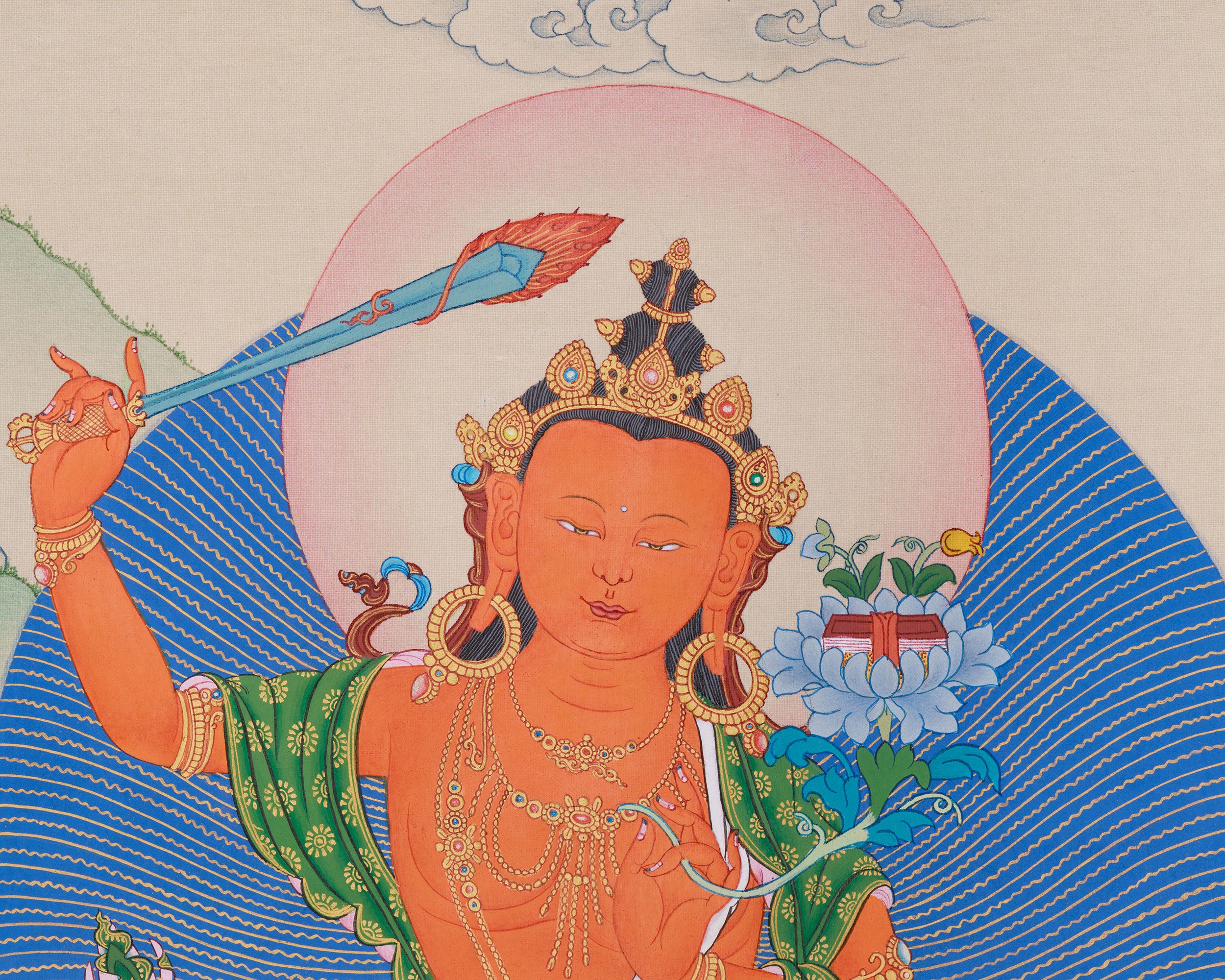 Sacred Manjushri, White Tara, and Dzambhala Thangka | Knowledge, Protection, and Prosperity