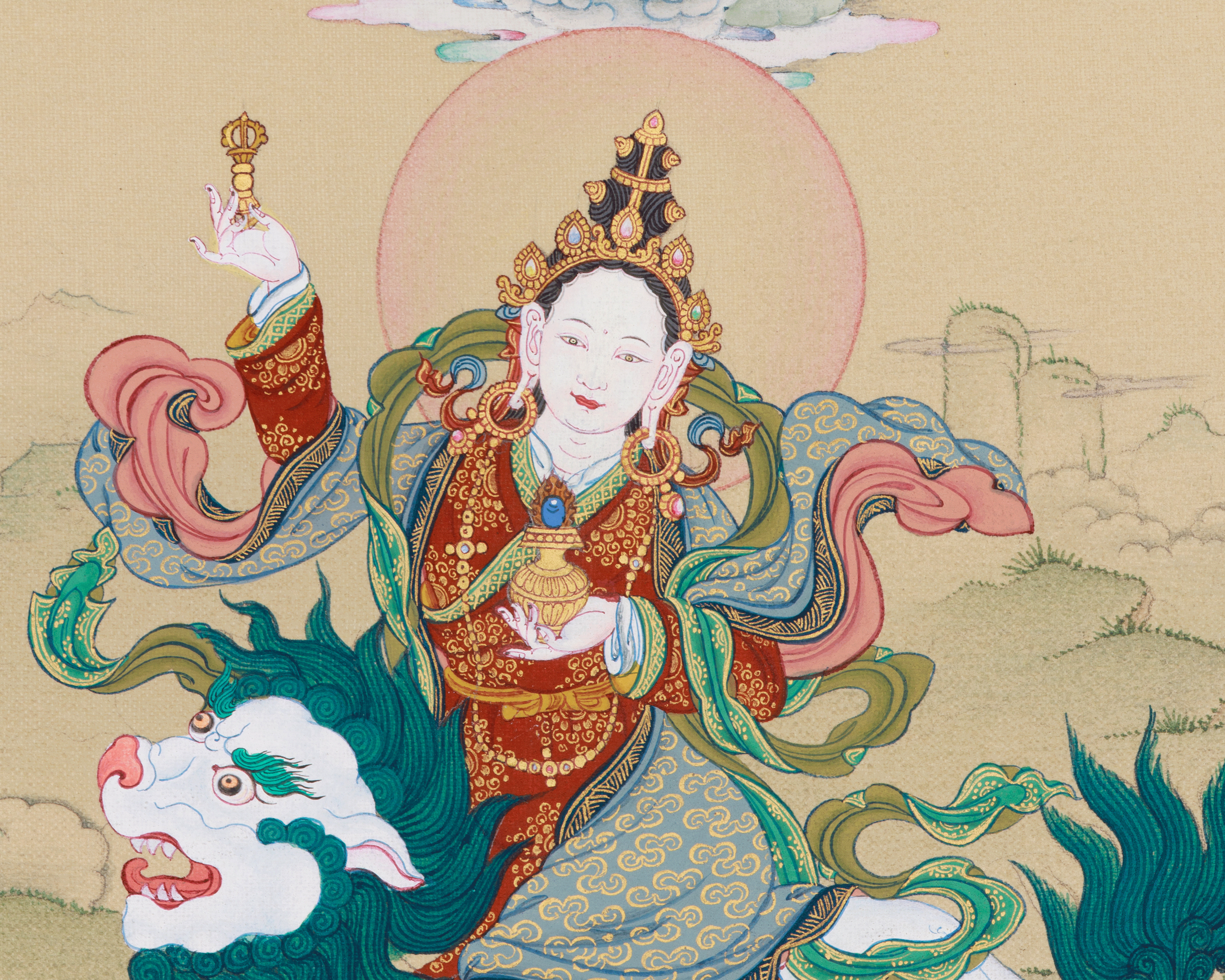 Tsheringma Thangka Painting | Goddess of Longevity with Jetsun Milarepa