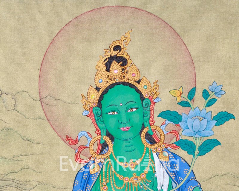 Hand Painted Small Thangka of Green Tara