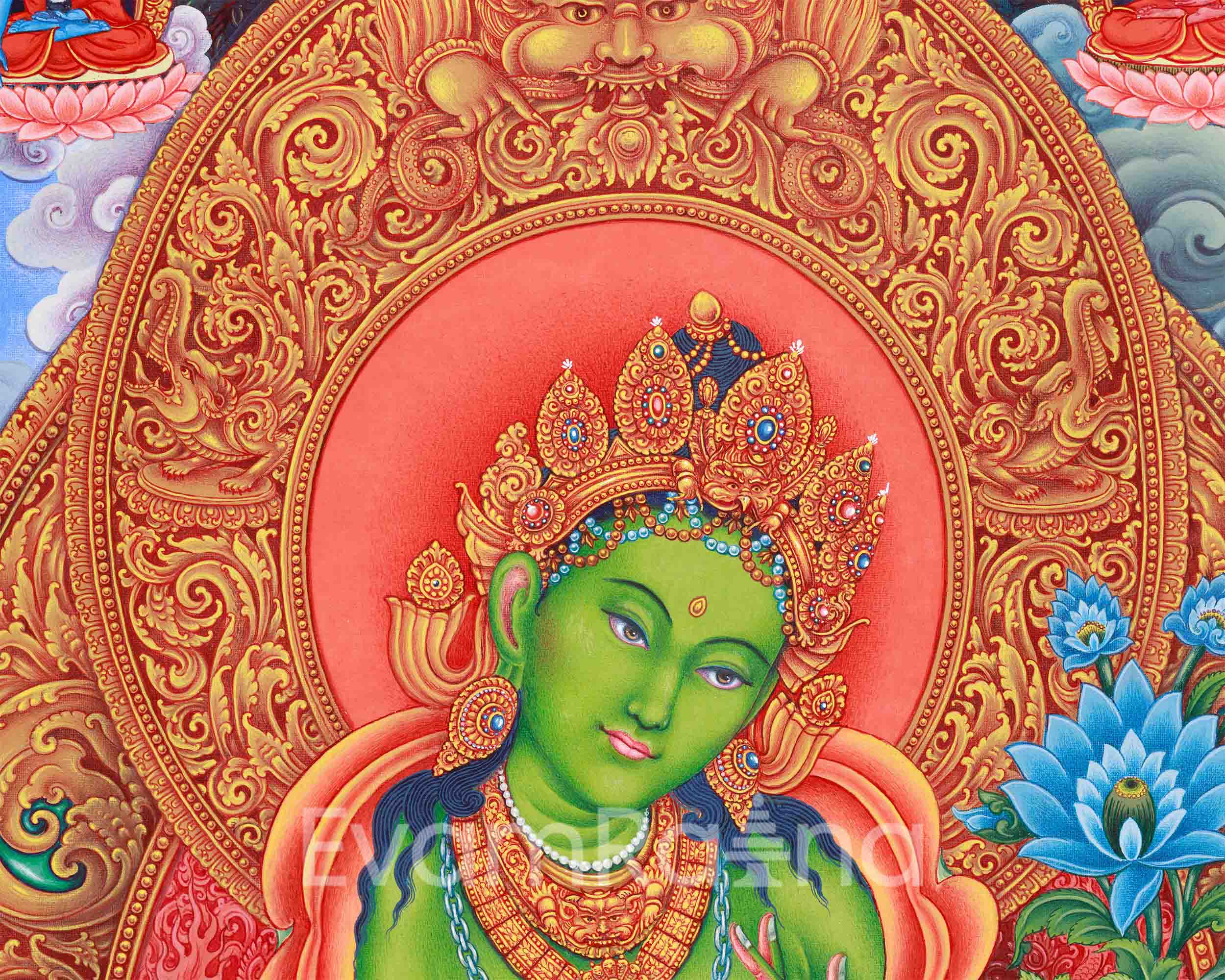 Green Tara Spiritual Thangka | Goddess of Healing | Hand-Painted Meditation Art