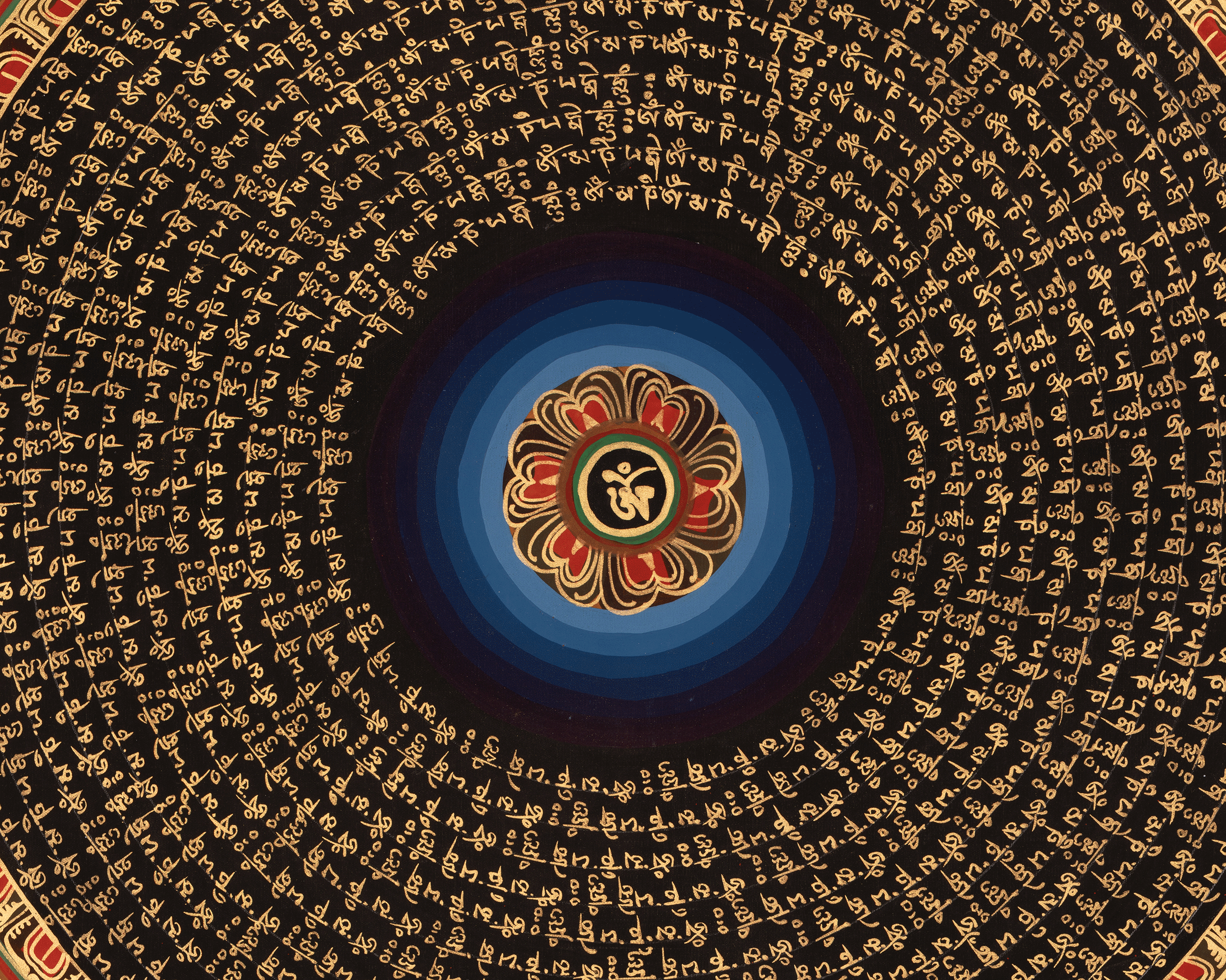 Om Mantra Mandala Thangka | Sacred Tibetan Buddhist Gold-on-Black Painting