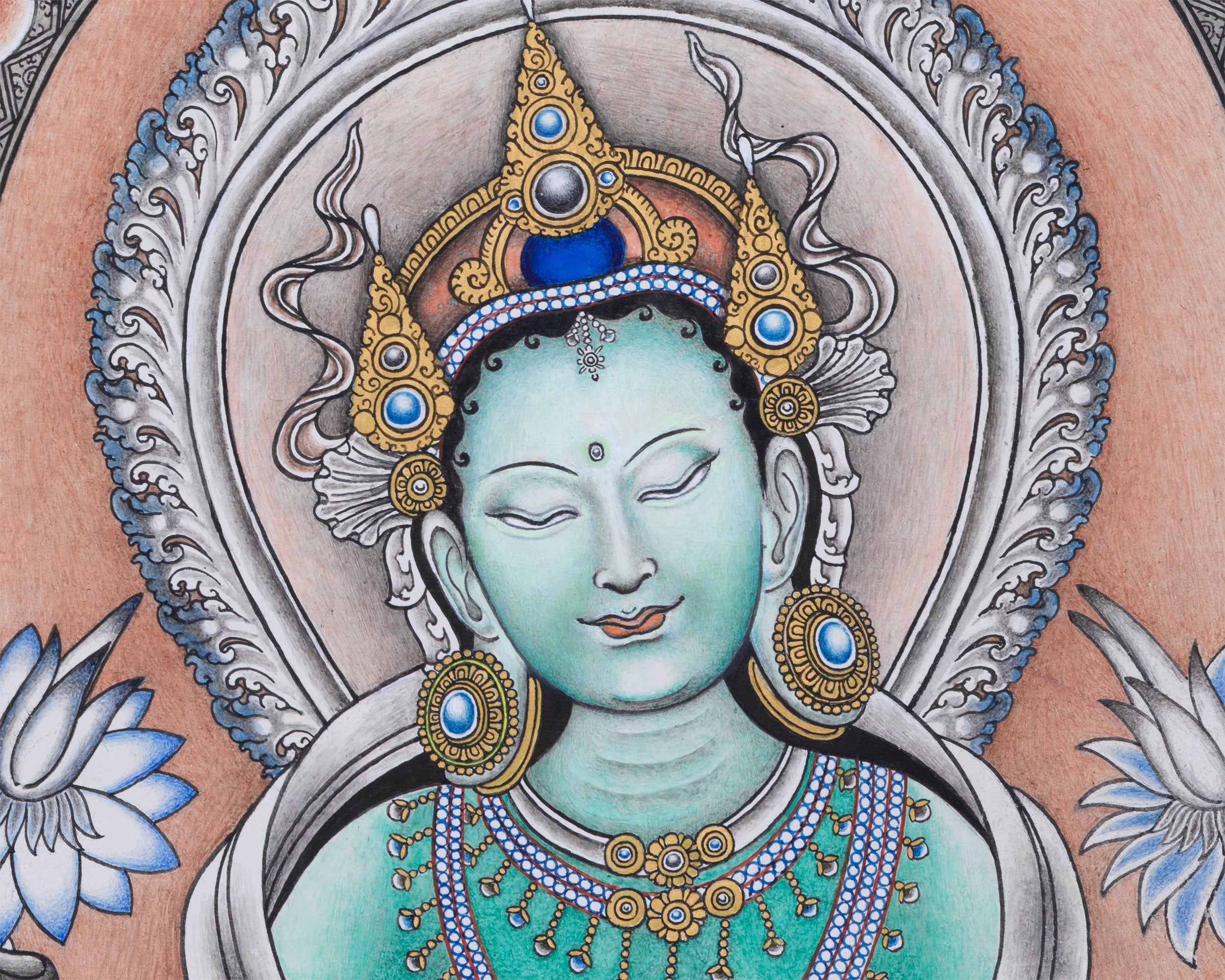 High- Quality Green Tara Guru Nepali Print | Mother Tara Nepali Painting For Home Decoration