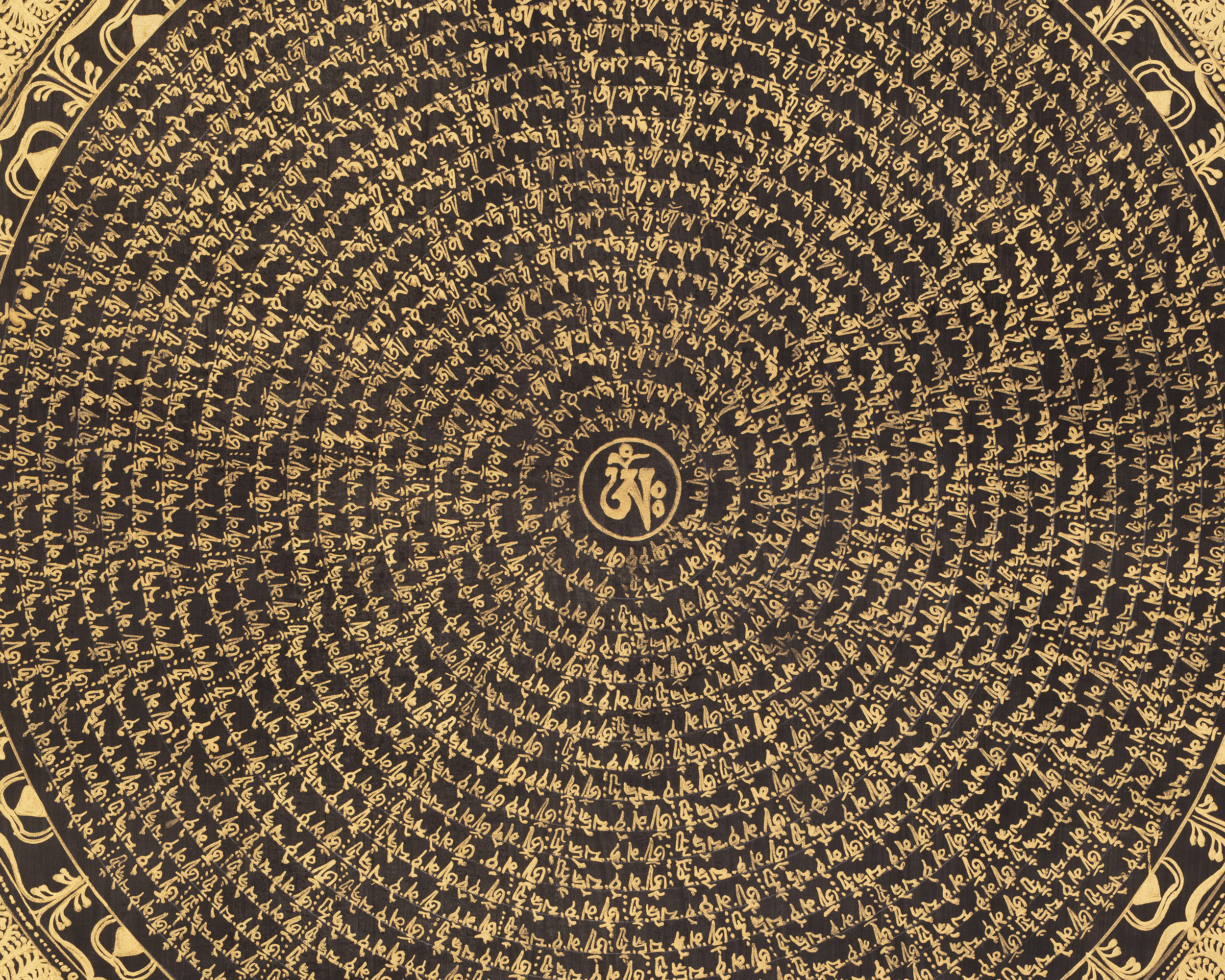 Tibetan Thangka of Mantra Mandala | Sacred Gold-on-Black Buddhist Artwork