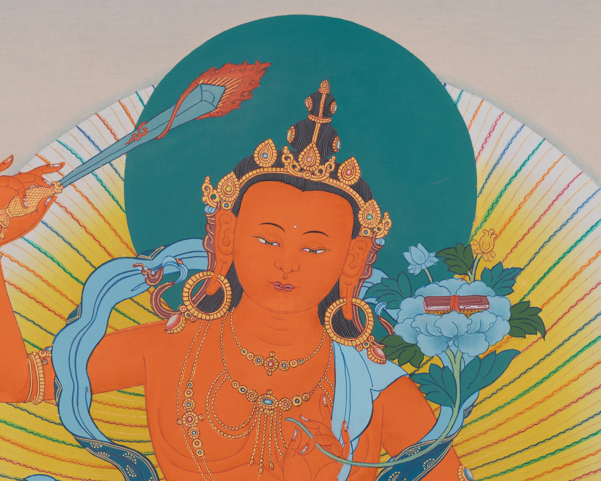 Manjushri Wisdom Deity Artwork | Tibetan Thangka of Enlightened Knowledge