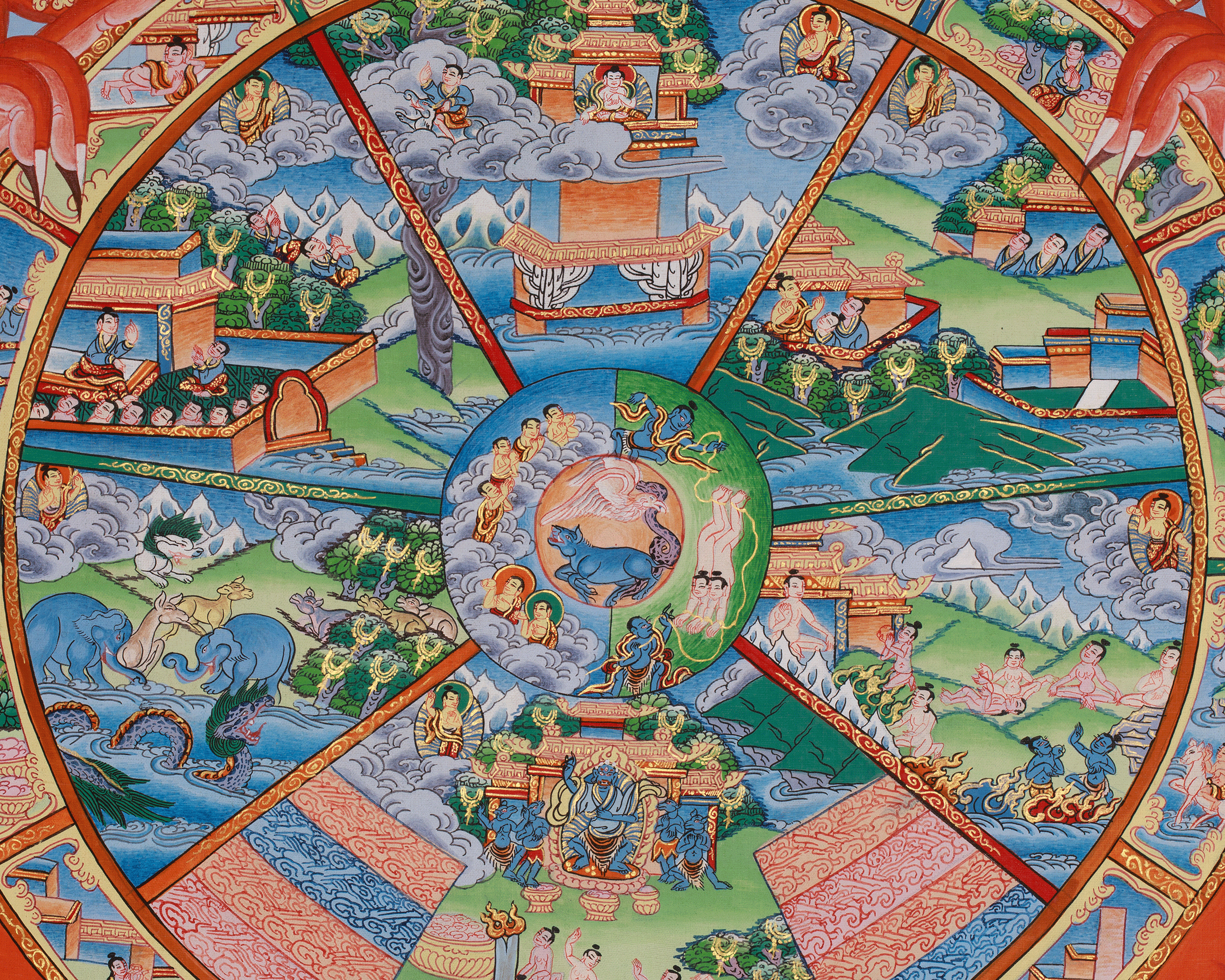 Tibetan Wheel of Life Art | Buddhist Samsara Wall Decor | Bhavachakra Thangka