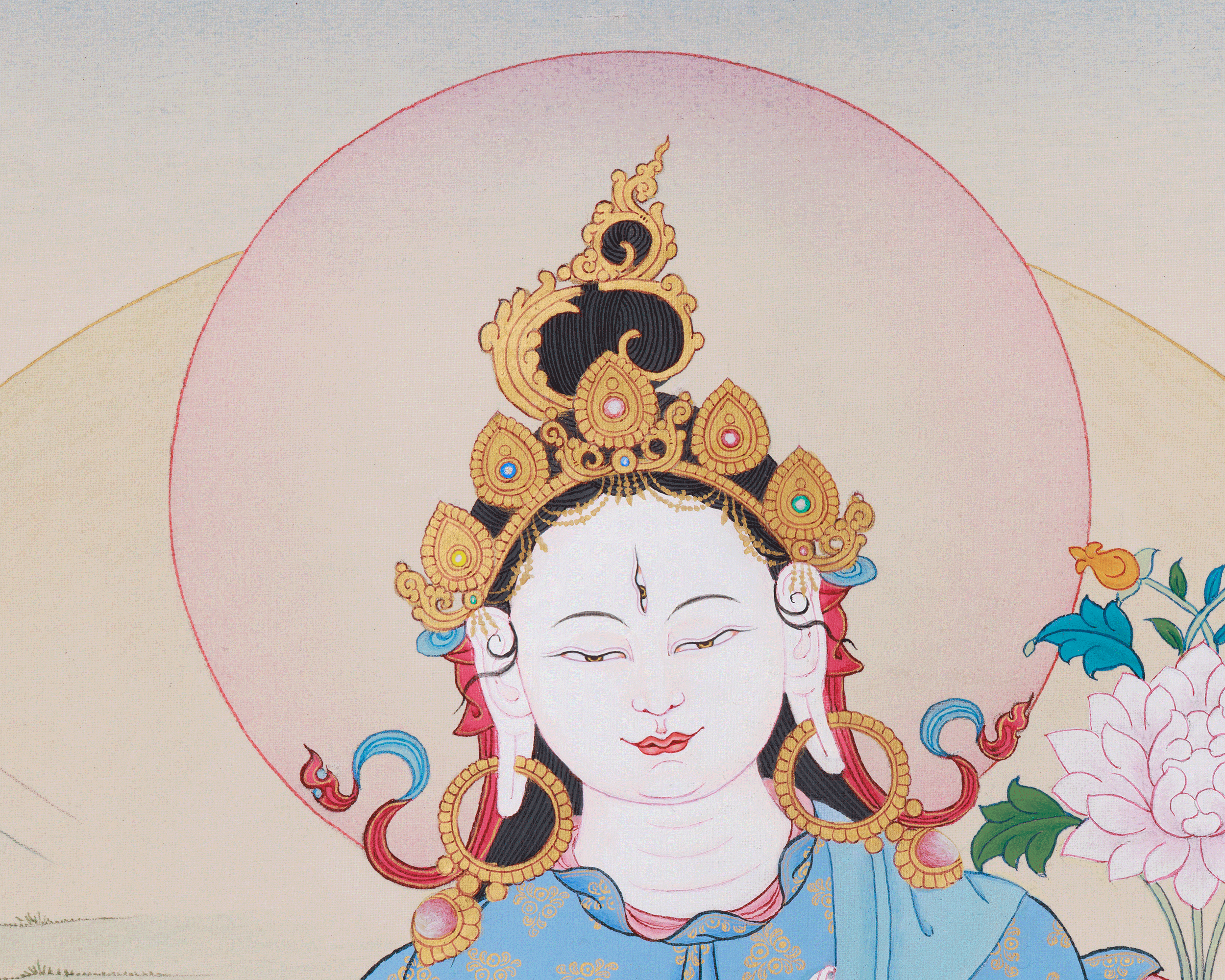 Buddhist Goddess White Dolma | A Sacred Thangka of Purity, Compassion, and Spiritual Healing
