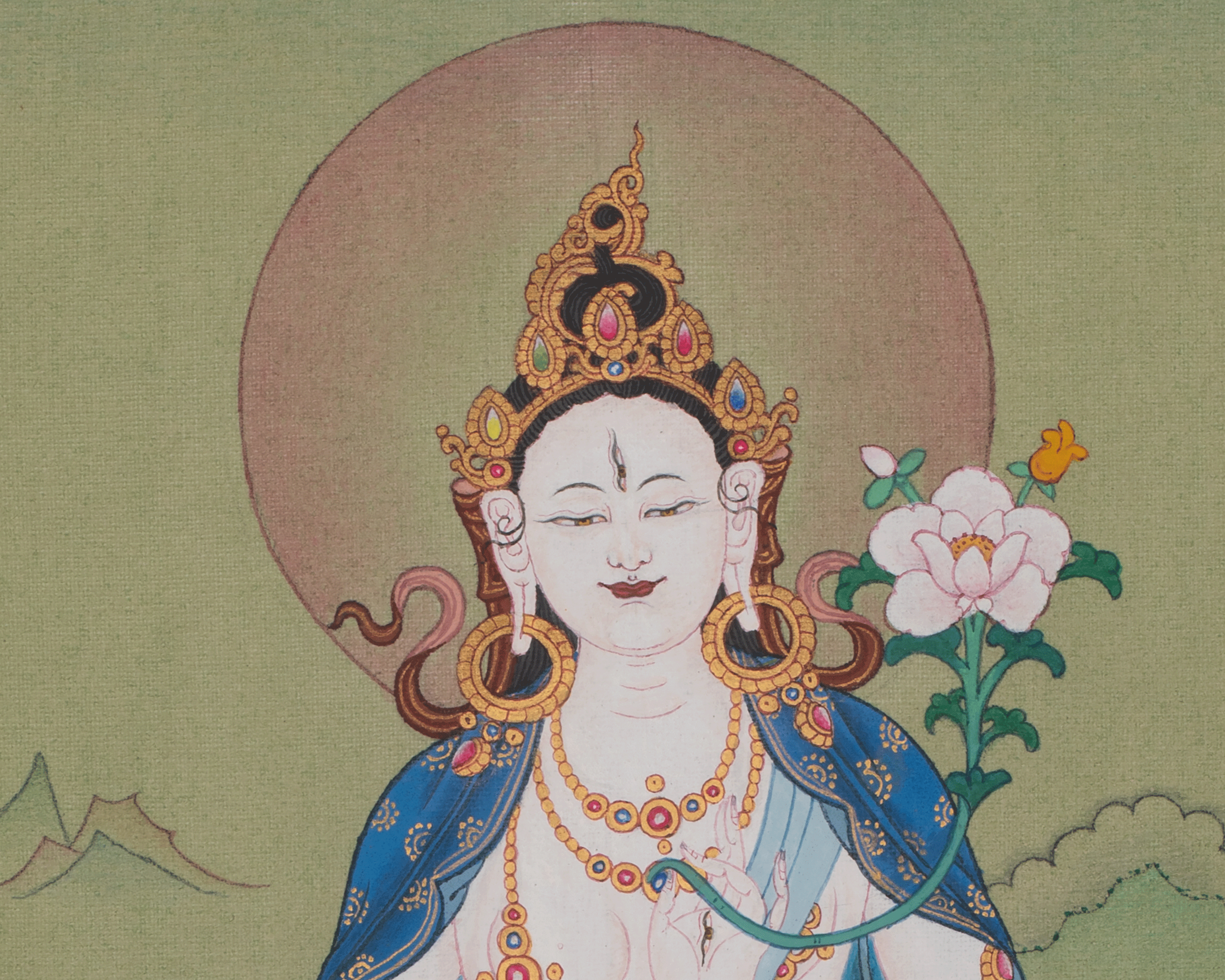 White Tara Tibetan Artwork | Seven Eyed Deity | Meditation Altar | Revered Female Buddha