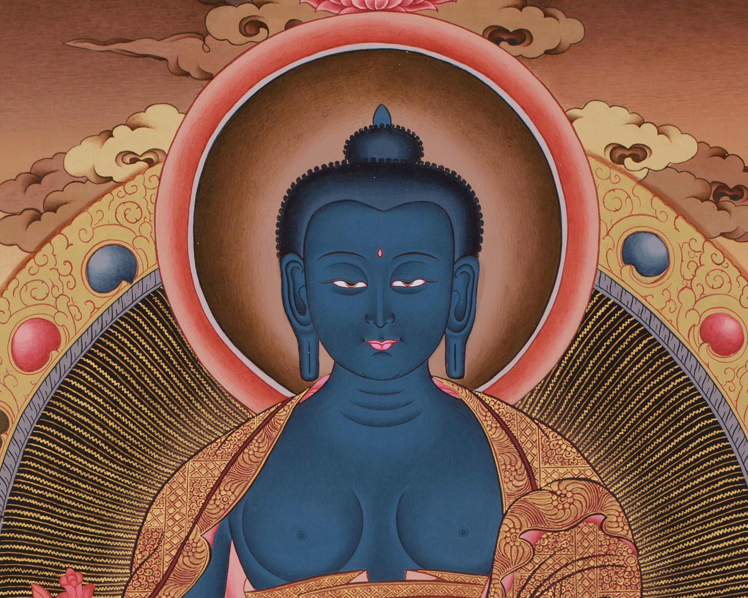 Traditional Thangka of Medicine Buddha with Amitabha | Healing Deity