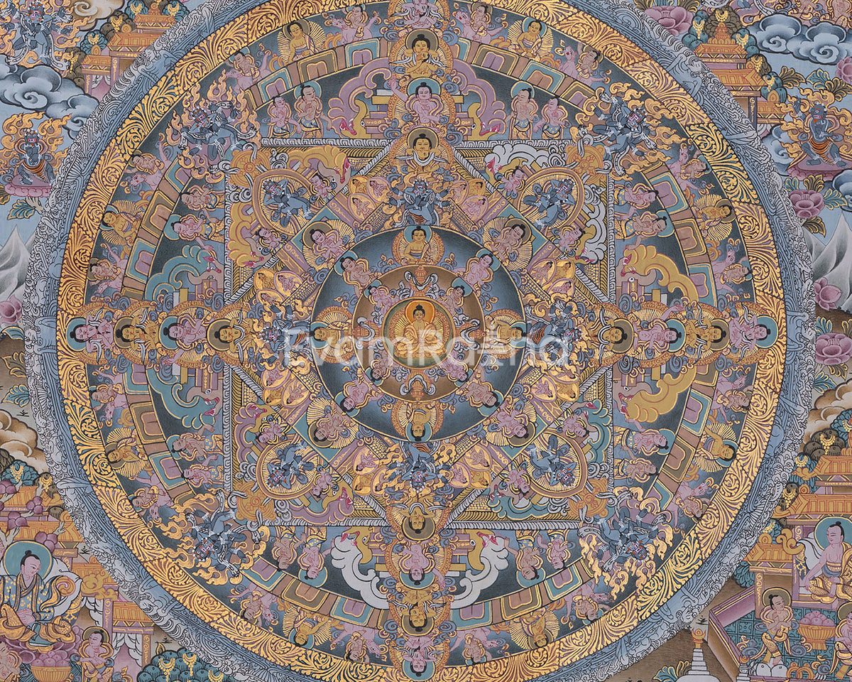 Traditional Painted Grey Colored Buddha Mandala | A Symbol of Wisdom & Balance