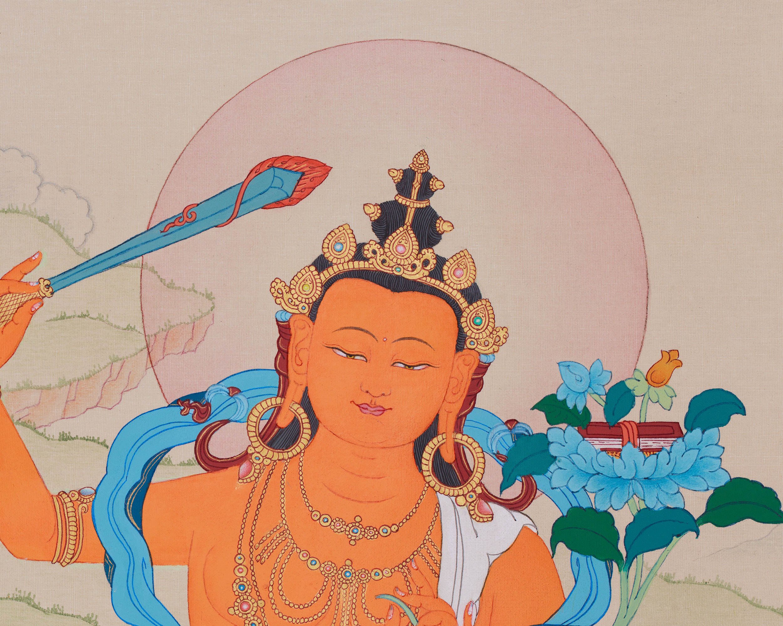24 Inch Manjushri Thangka | Bodhisattva of Profound Knowledge and Clarity