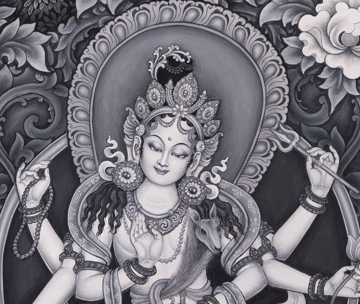 Black and White Bodhisattva Chenrezig Thangka | Avalokiteshvara Art | Compassion Deity