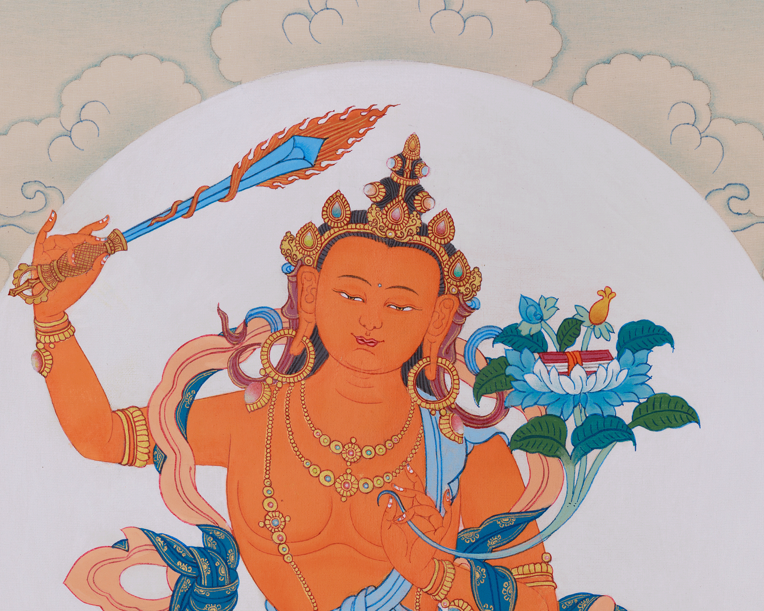 Manjushri with Chenrezig and Vajrapani Thangka | The Divine Triad of Wisdom, Compassion, and Protection