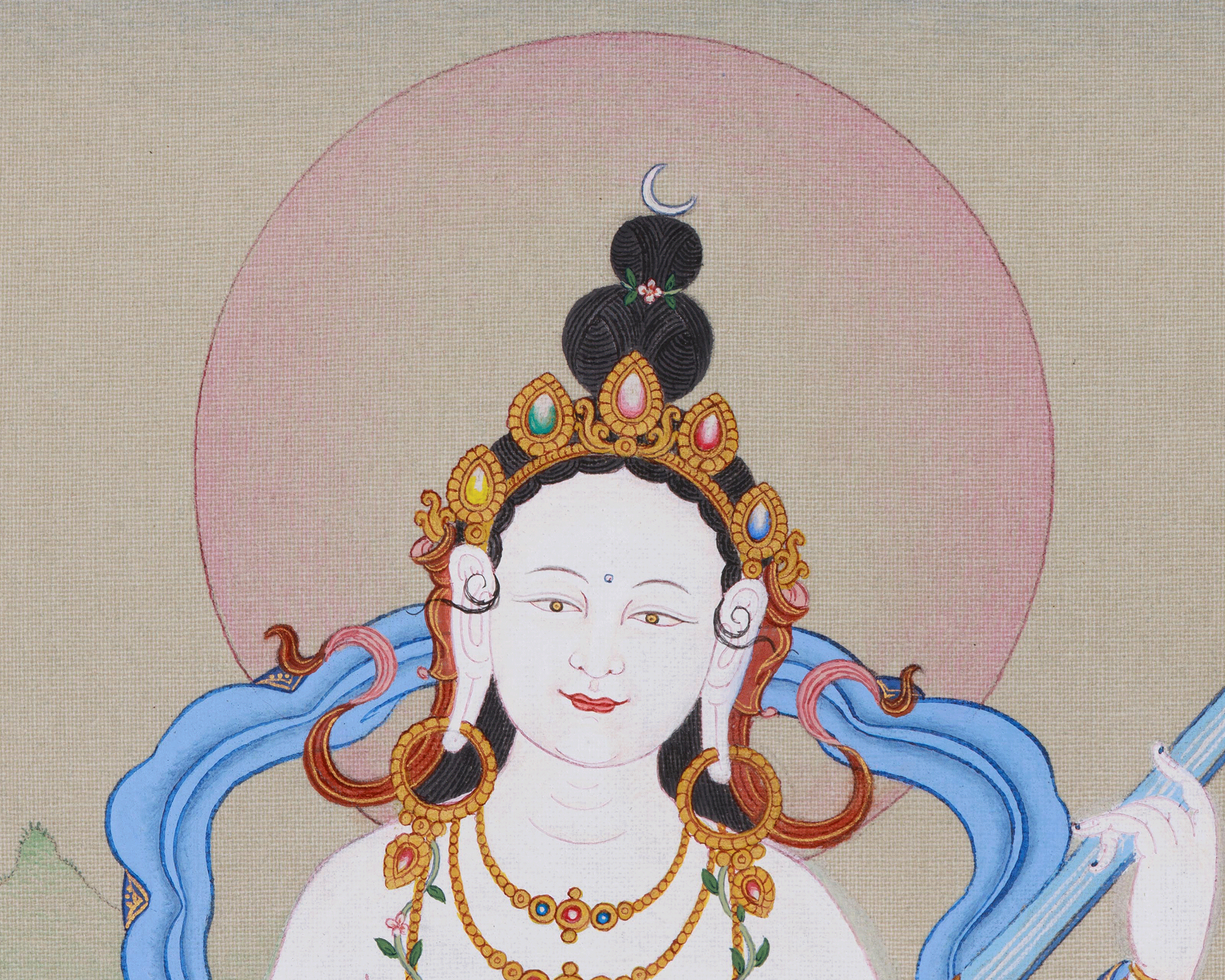 Wisdom Goddess Saraswati | A Sacred Thangka of Knowledge and Creativity
