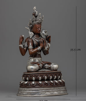 Silver-Plated Chenrezig Oxidized Statue | Emblem of Compassion and Grace
