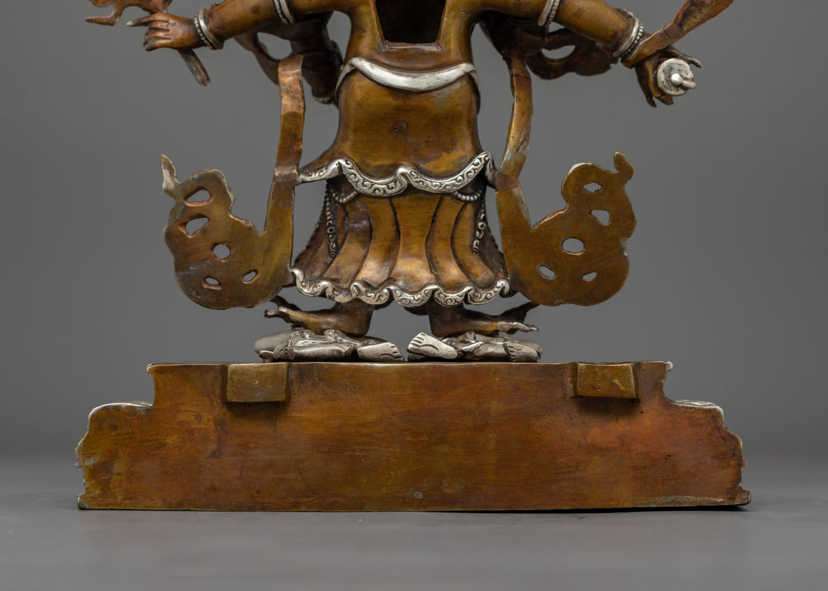 Hand-Carved Oxidized White Mahakala Statue | Silver-Plated Tibetan Sculpture