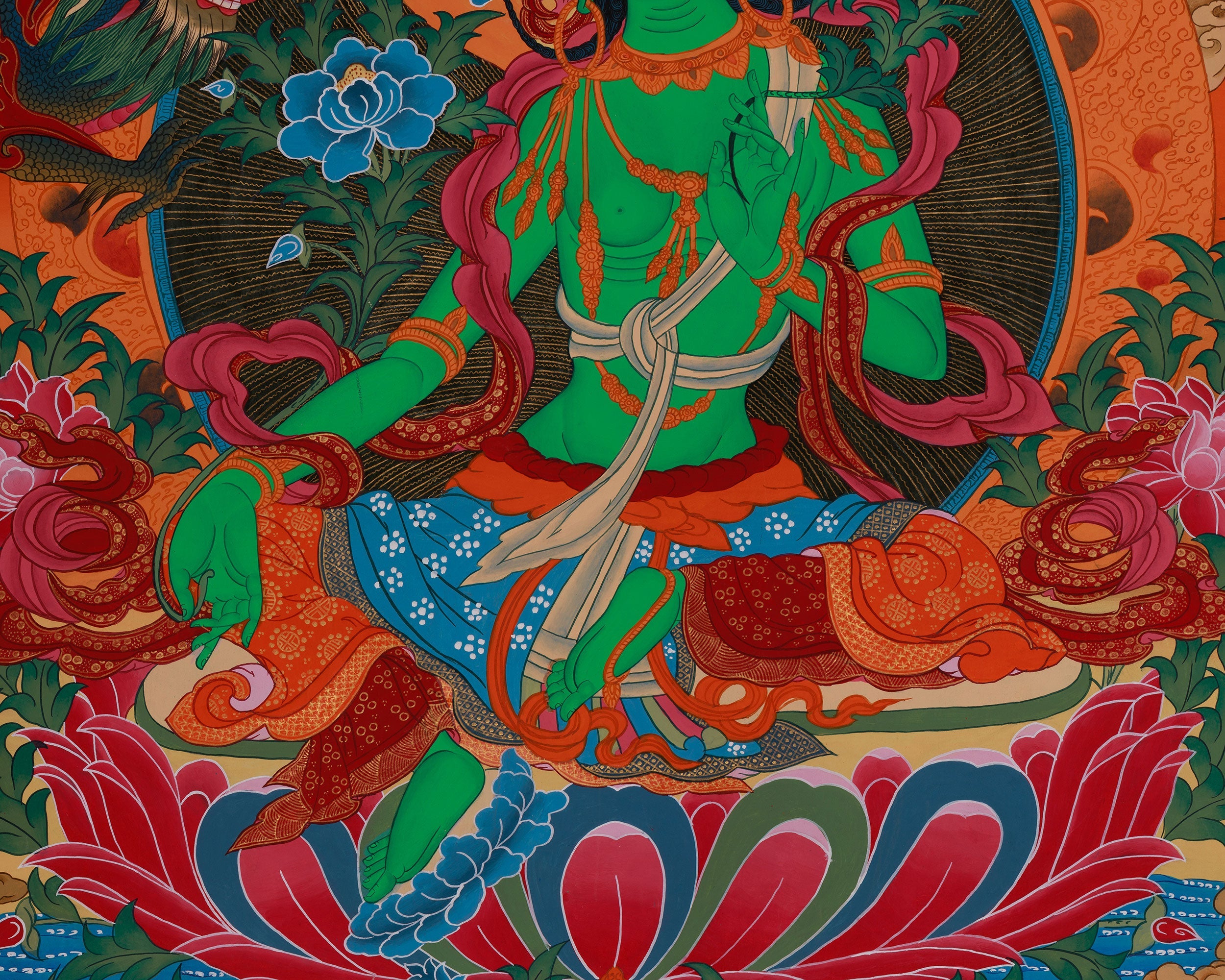 Spiritual Thangka Of Green Tara | Peace And Healing Art | Meditation Altar