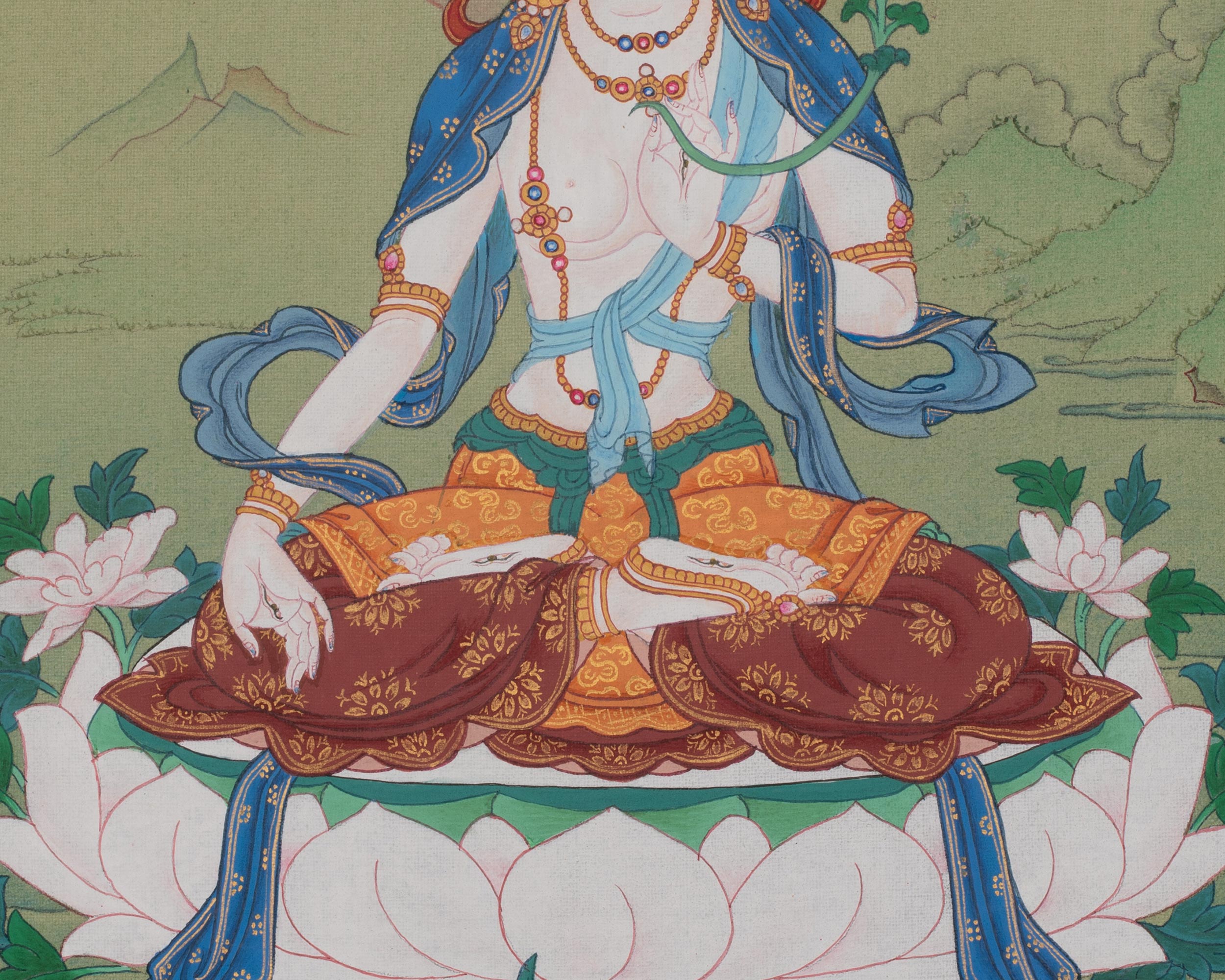 White Tara Compassion Thangka Art | Longevity Deity | Hand-painted Artwork
