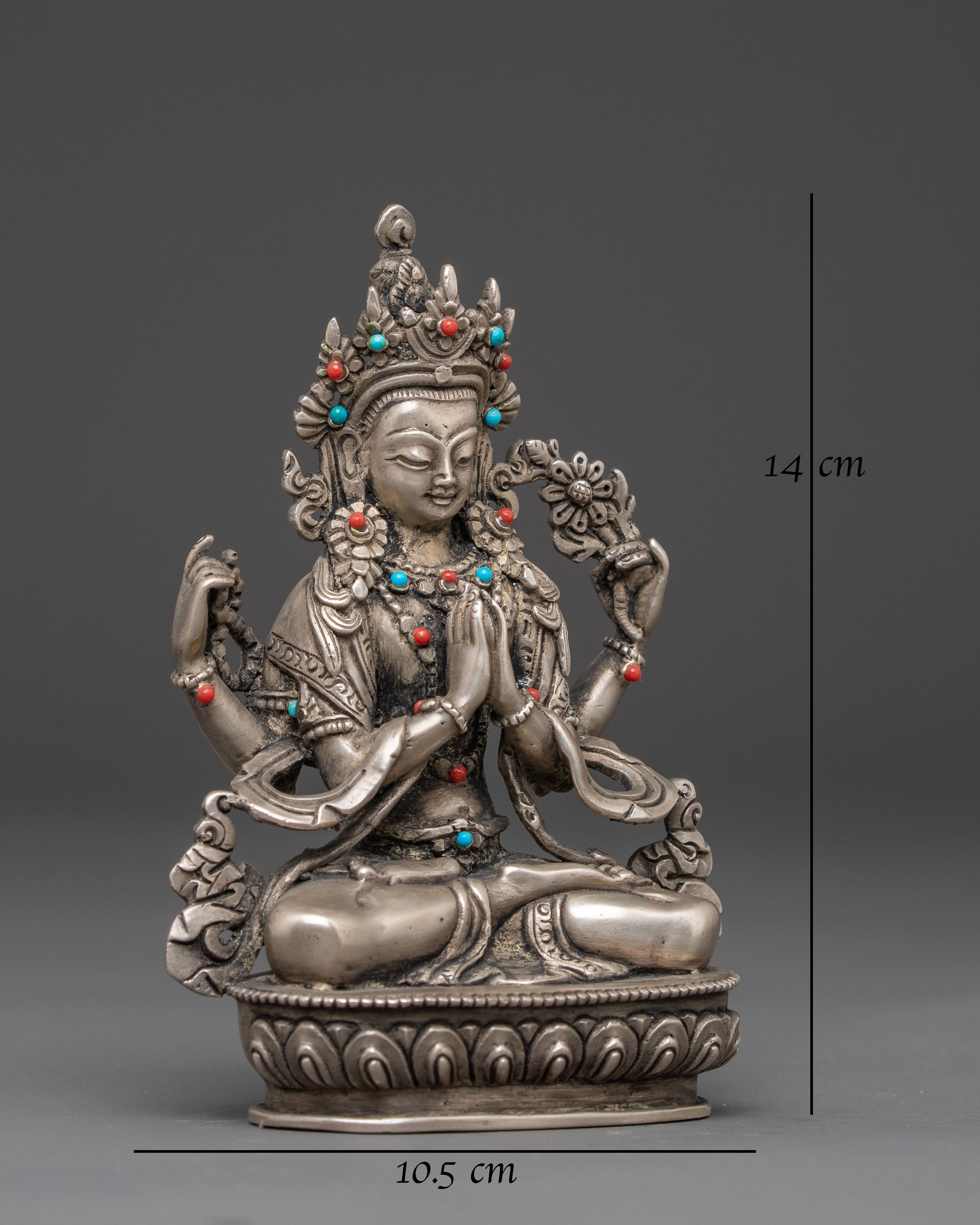 Handmade Silver Chenrezig Statue | Compassion Buddha Sculpture