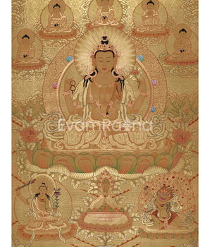 Full Gold Chengrezig Thangka Featuring Five Buddha, Manjushri, and Vajrapani