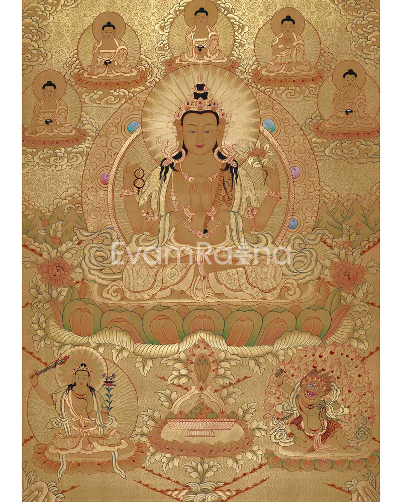 Full Gold Chengrezig Thangka Featuring Five Buddha, Manjushri, and Vajrapani