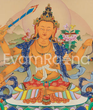 Rare Four-Armed Manjushri Thangka Print | Tibetan Buddhist Wisdom Deity | High-Quality Giclee Canvas