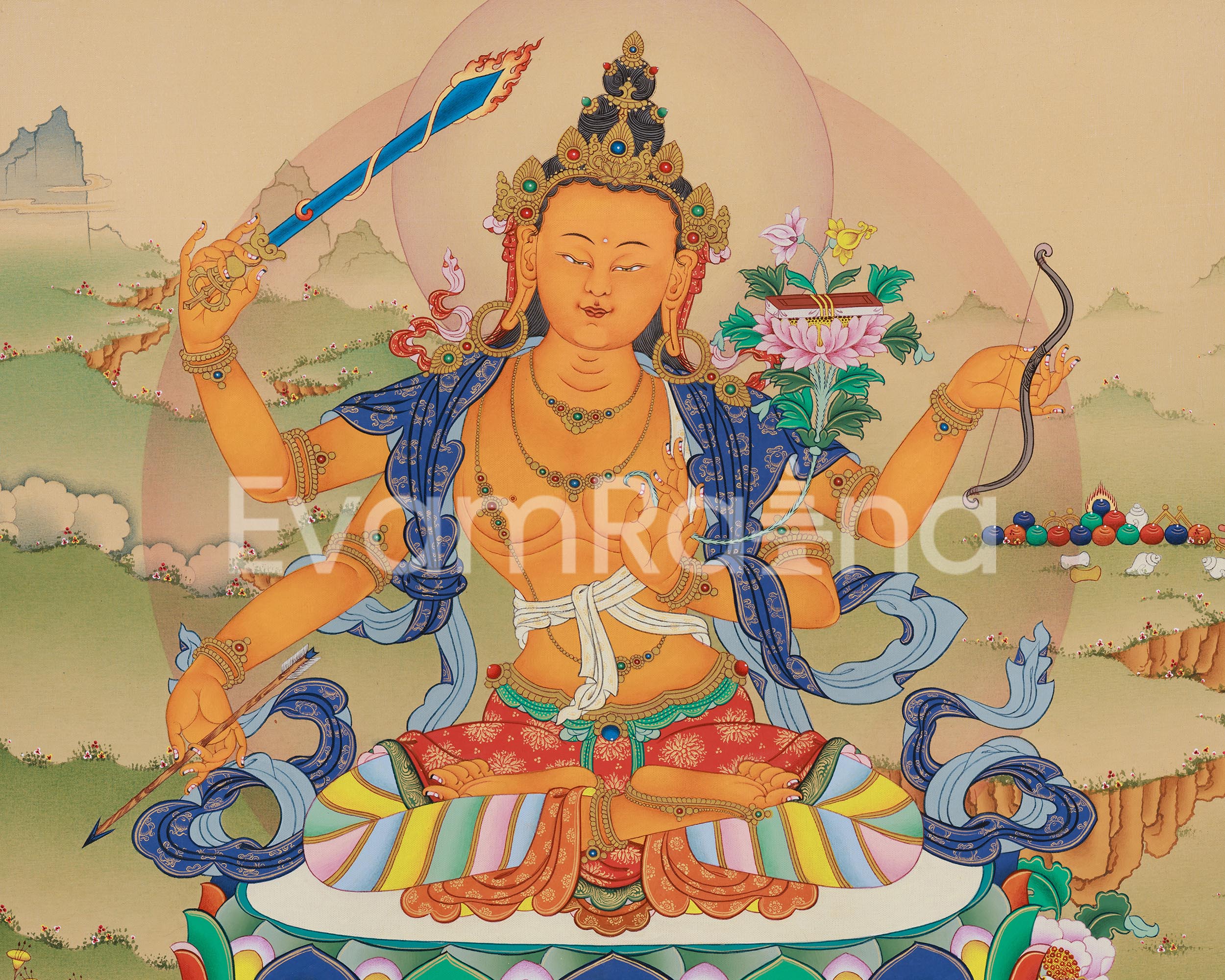 Rare Four-Armed Manjushri Thangka Print | Tibetan Buddhist Wisdom Deity | High-Quality Giclee Canvas